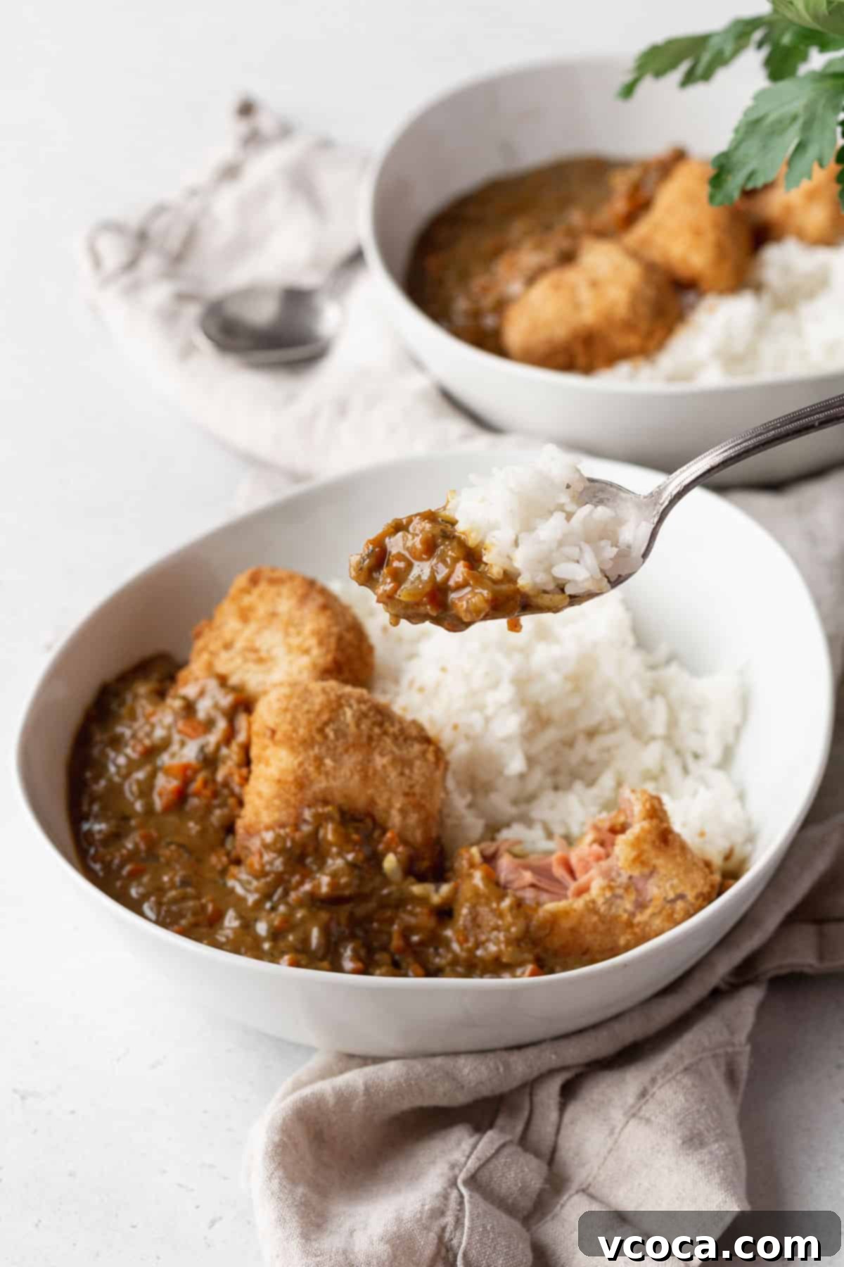A bowl of vegan katsu curry with a spoon holding some rice and curry.