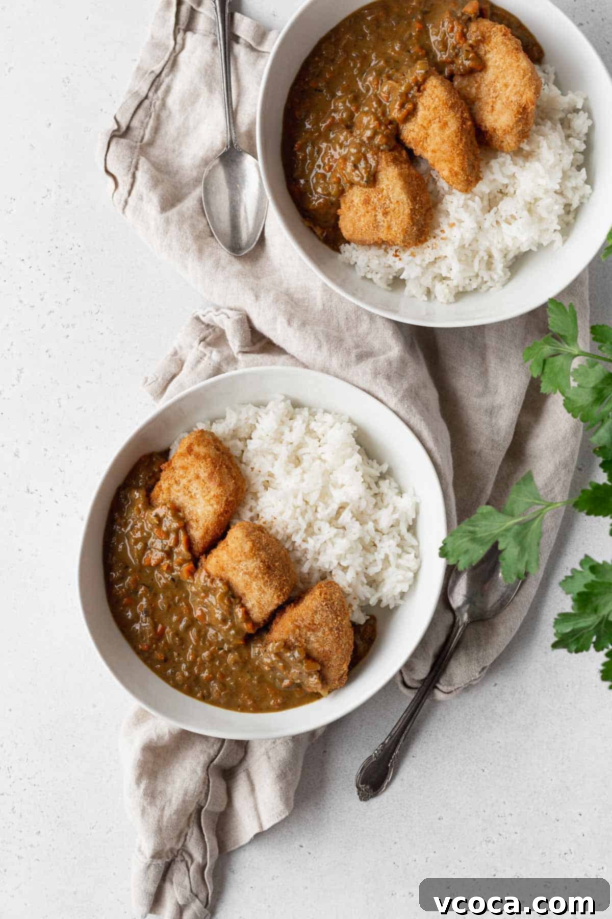 Overhead shot of 2 bowls of Japanese vegan katsu curry with rice.