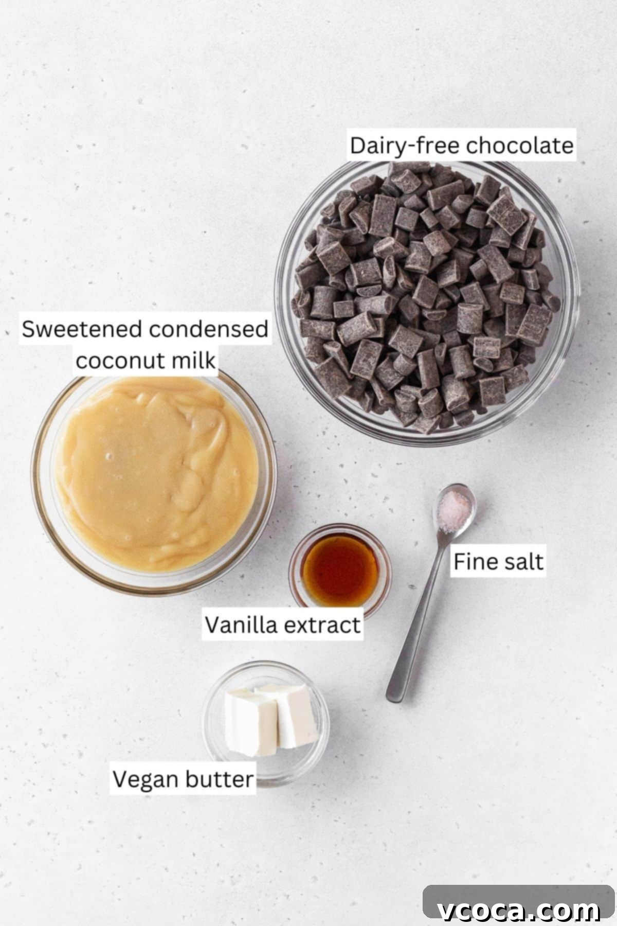 Plant-Based Fudge 3 Ingredients for making dairy-free fudge measured out onto a white table with text overlay.