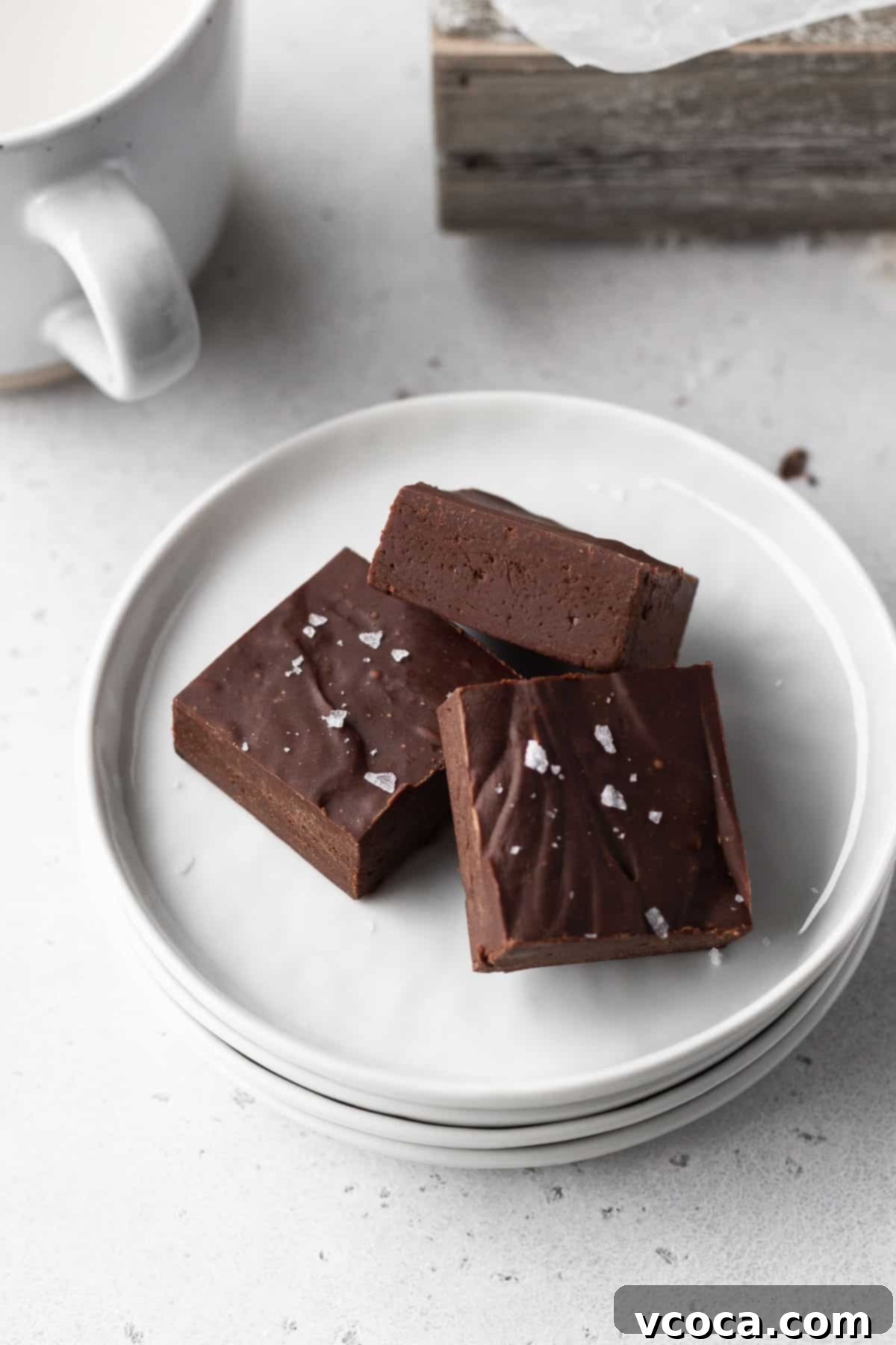 Plant-Based Fudge 9 3 squares of dairy free fudge on a white plate with a mug of plant-based milk to the side.