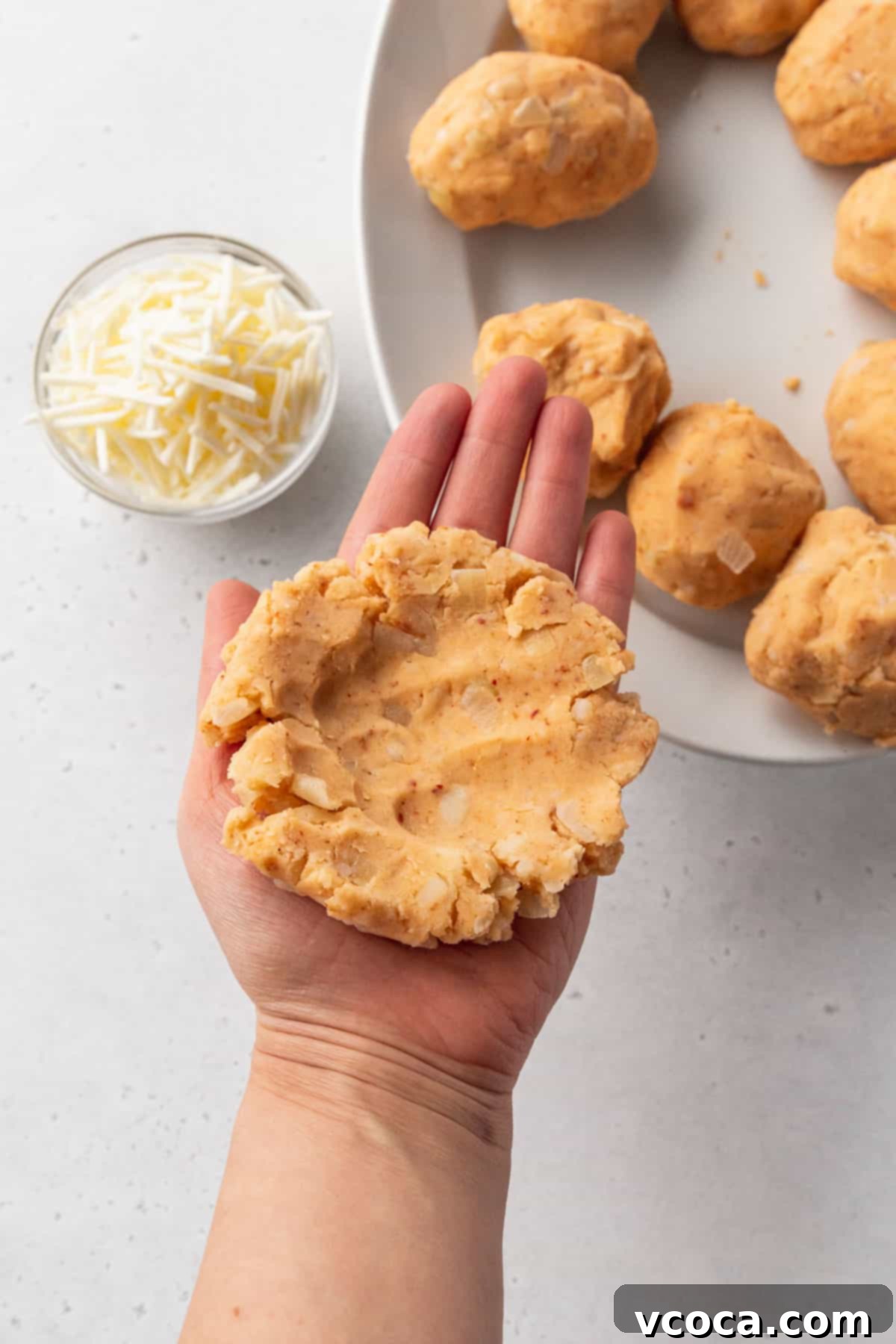 Plant-Powered Potato Croquettes 12 Flattened potato croquette dough is shaped like a burger patty and has thumb indents in the center for stuffing with cheese.