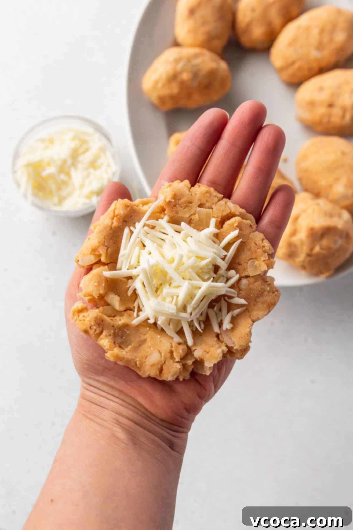 Plant-Powered Potato Croquettes 13 Shredded vegan cheese added to the center pocket of the potato croquette dough.