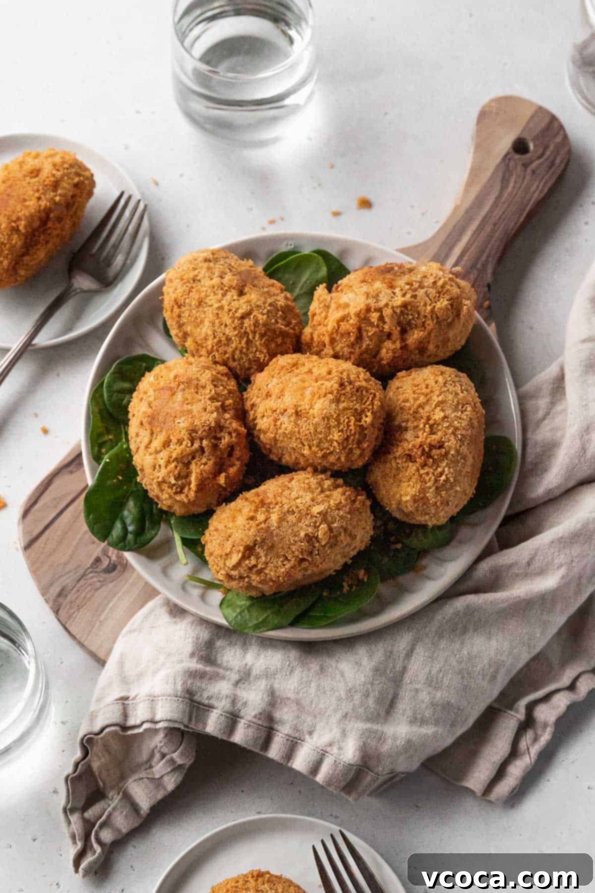 Plant-Powered Potato Croquettes 17 Closeup on serving platter of vegan potato croquettes.