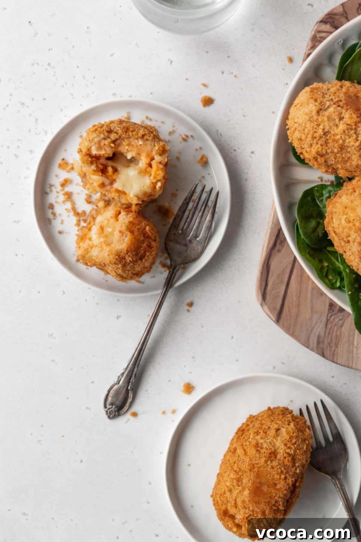 Plant-Powered Potato Croquettes 18 Flat lay shot of a serving of vegan potato and cheese croquette on a small white plate with an antique silver fork.