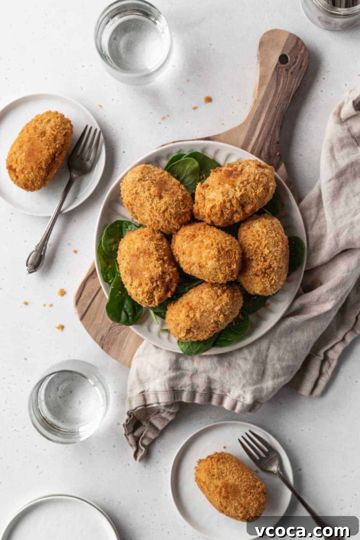 Plant-Powered Potato Croquettes 4 Overhead hero shot of a serving platter of vegan potato croquettes on a table with two plated up on smaller appetizer plates.