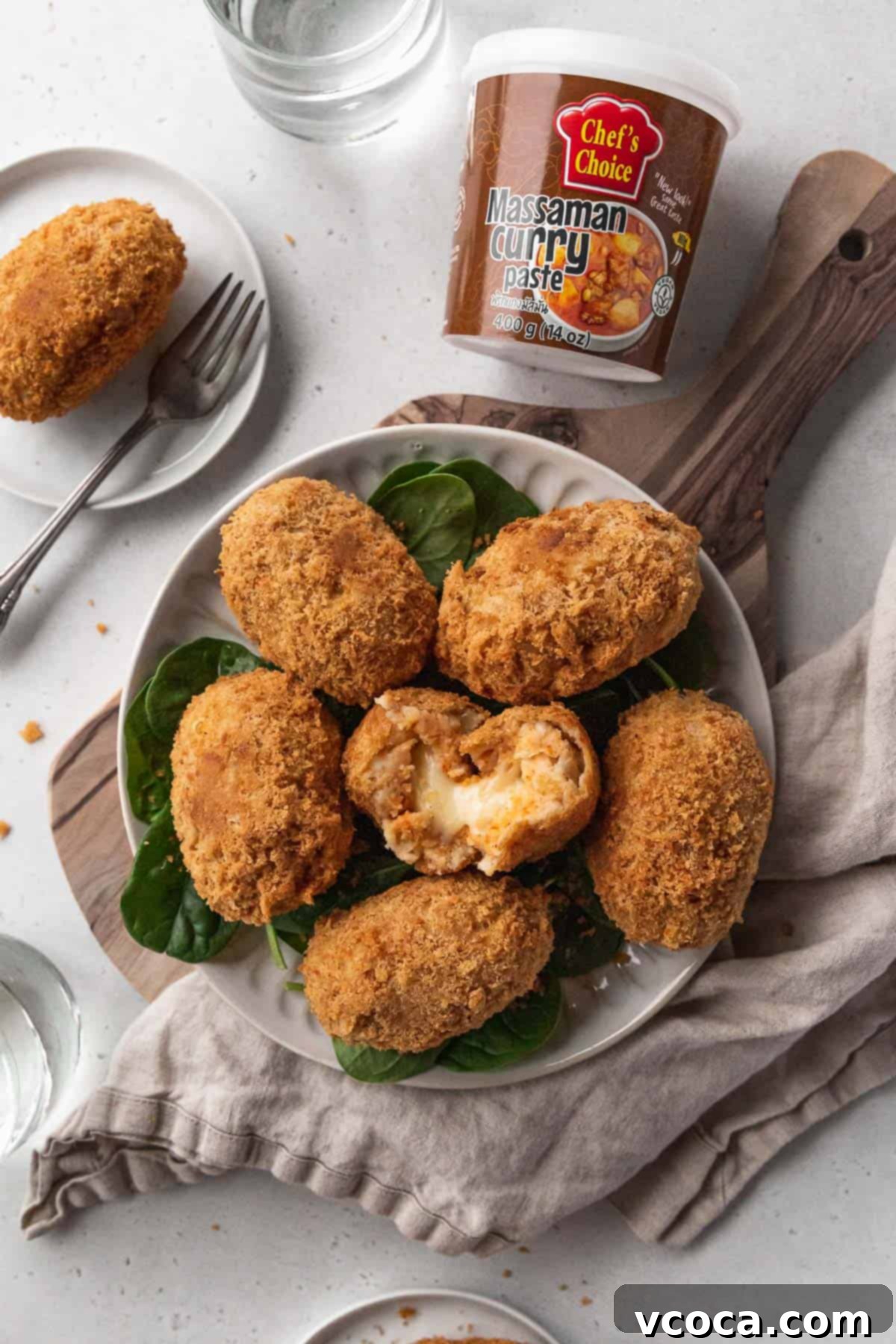 Plant-Powered Potato Croquettes 6 Overhead branded hero shot of vegan potato croquettes with a jar of chef's choice massaman curry paste.