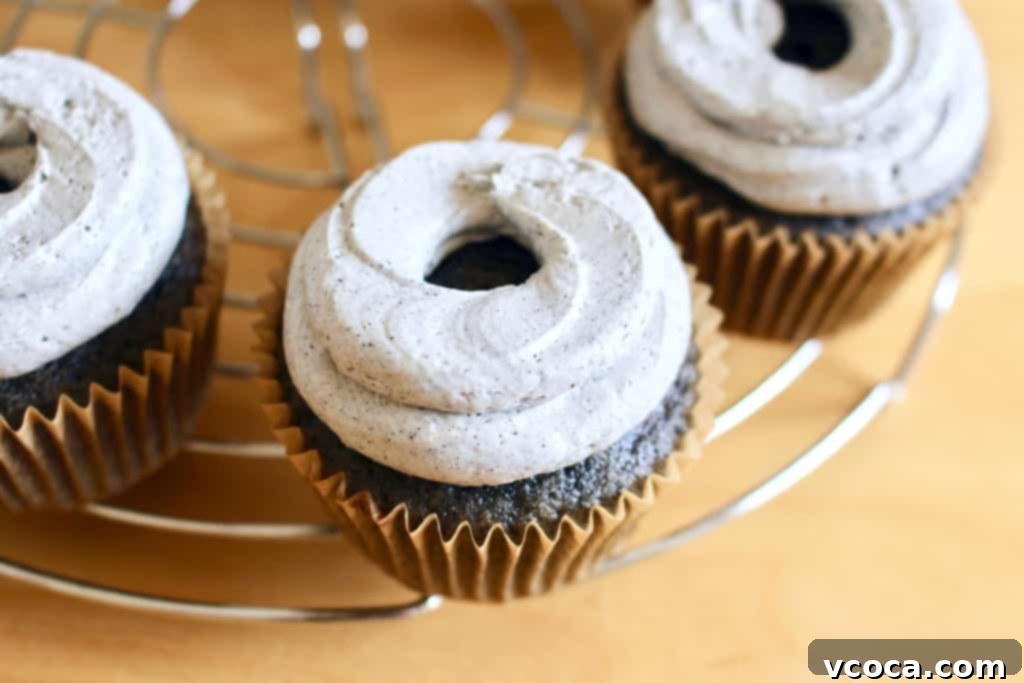Spooky Black Sesame Eyeball Cupcakes 5 Black sesame cupcakes generously topped with black sesame buttercream frosting.