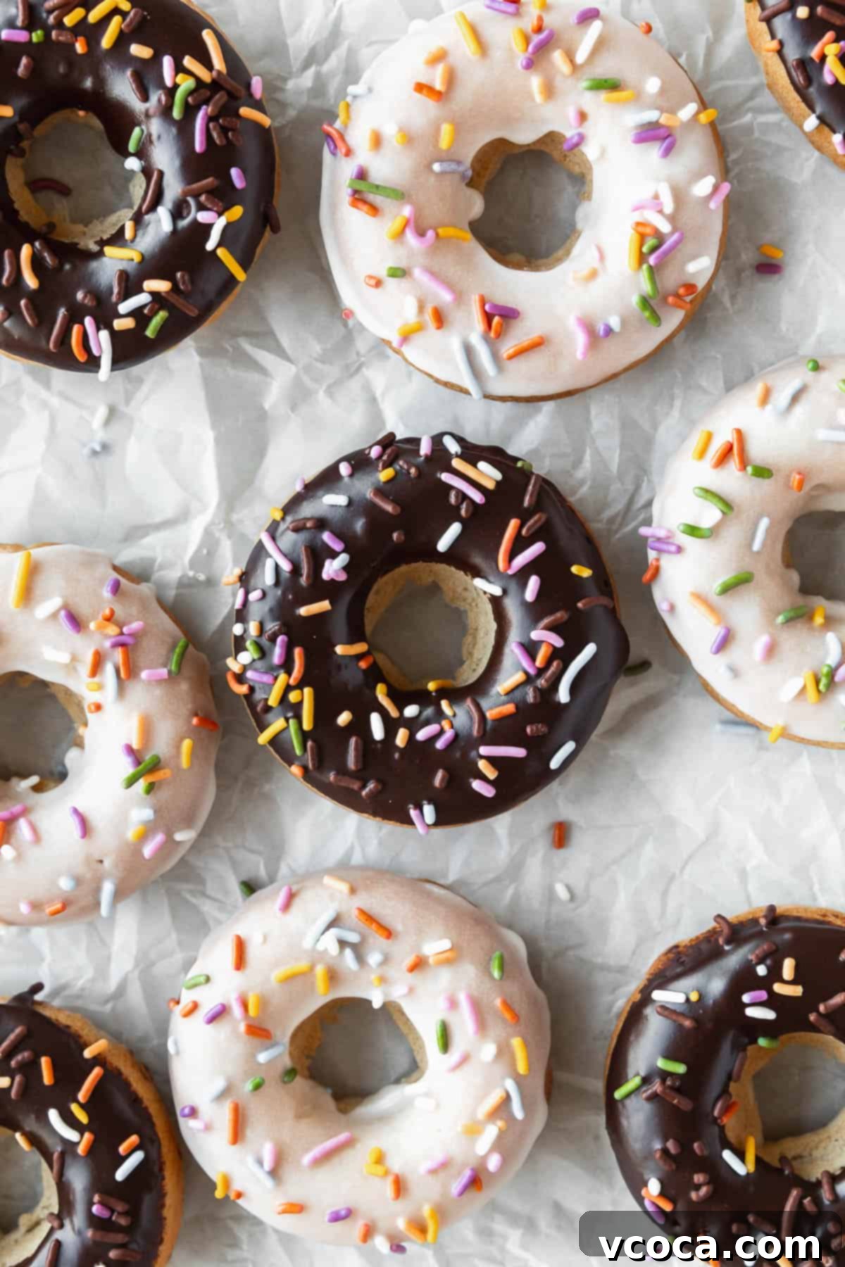 Wholesome Plant-Based Baked Donuts 2 Close up shot of vanilla and chocolate glazed vegan baked donuts on a crumpled piece of parchment.