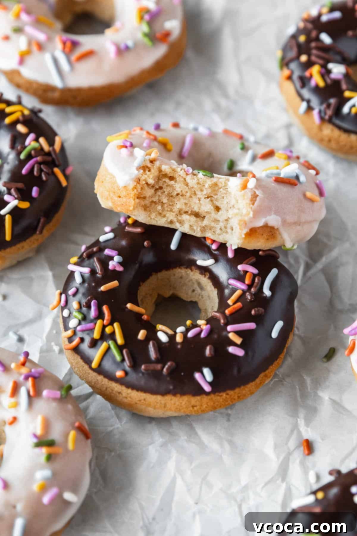 Wholesome Plant-Based Baked Donuts 13 45 degree angle shot of a chocolate glazed and sprinkled donut with a vanilla glazed vegan doughnut with a bite taken out to show the tender crumbed interior.