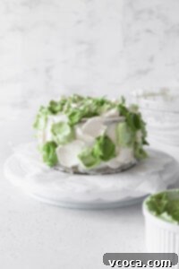 Cake covered in dollops of vanilla and matcha frosting.