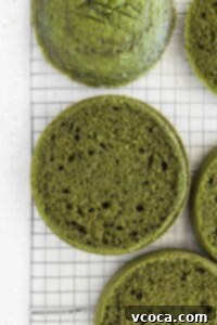 Sliced matcha cake layers.