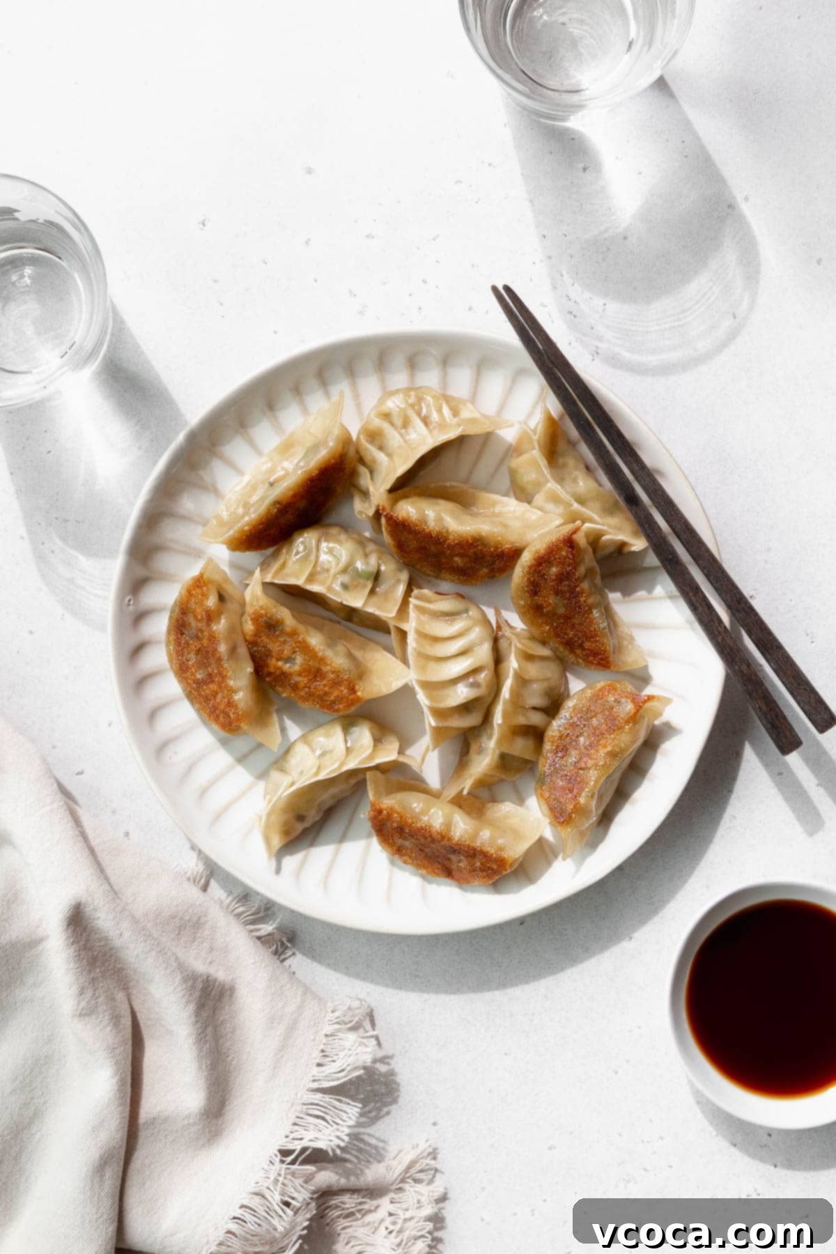 Plant-Based Vegetable Gyoza 2 Overhead shot of vegetable gyoza on a white plate with wooden chopsticks.
