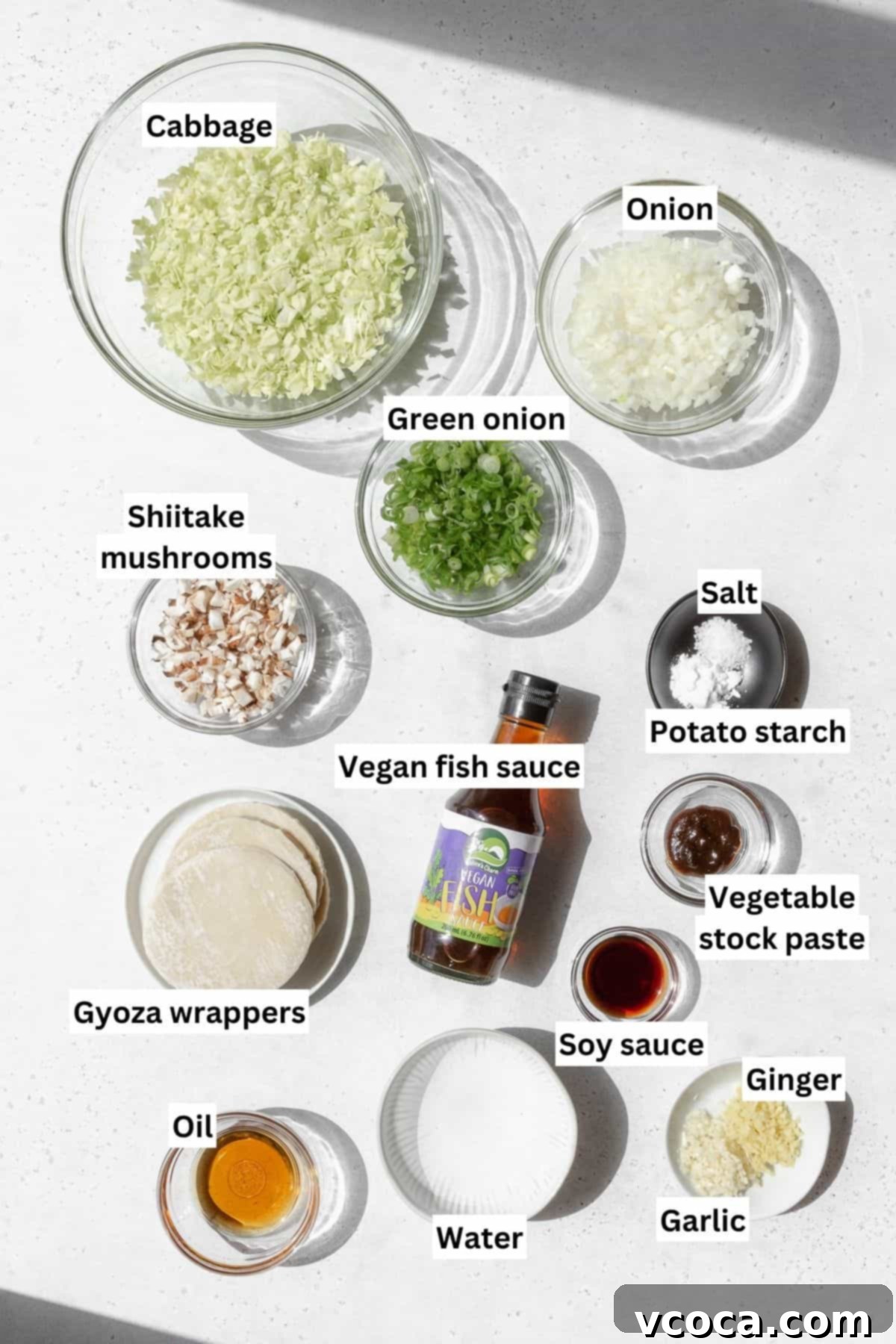 Plant-Based Vegetable Gyoza 3 Overhead shot of vegan gyoza ingredients measured out into bowls.