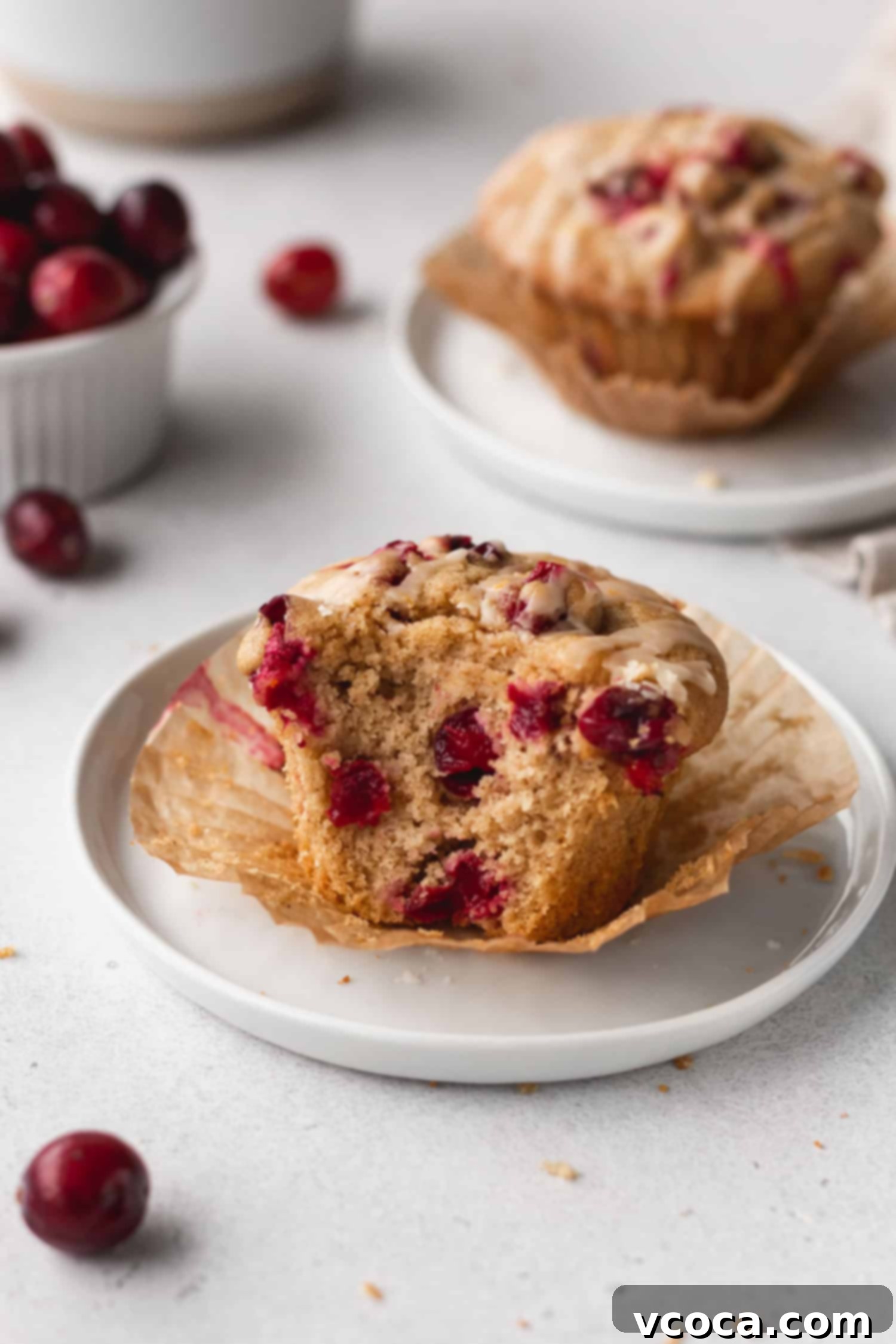 Zesty Orange Cranberry Muffins 6 A delicious gluten-free and dairy-free cranberry muffin on a white plate with a perfect bite taken out, revealing its moist interior, vibrant cranberry chunks, and airy texture.