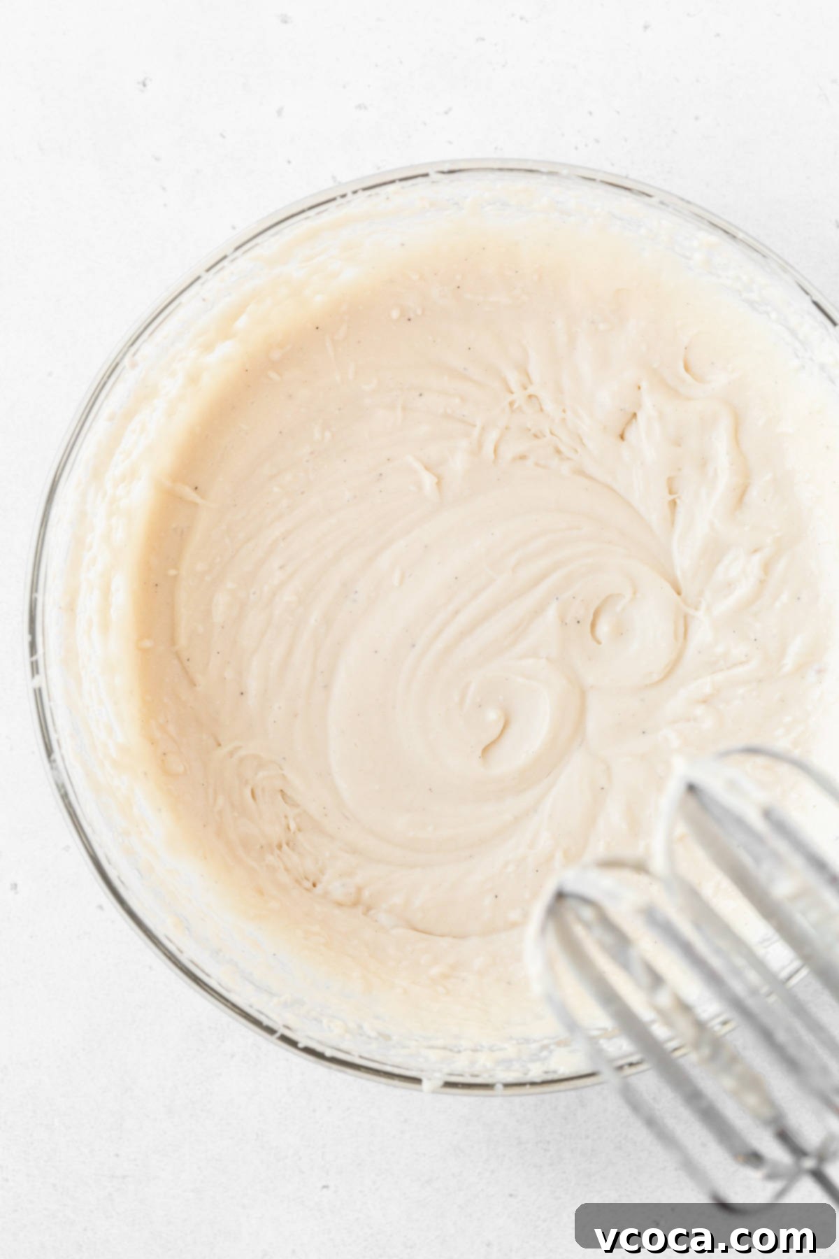 Guilt-Free Frozen Indulgence 12 The dairy-free ice cream base in a glass mixing bowl before freezing.
