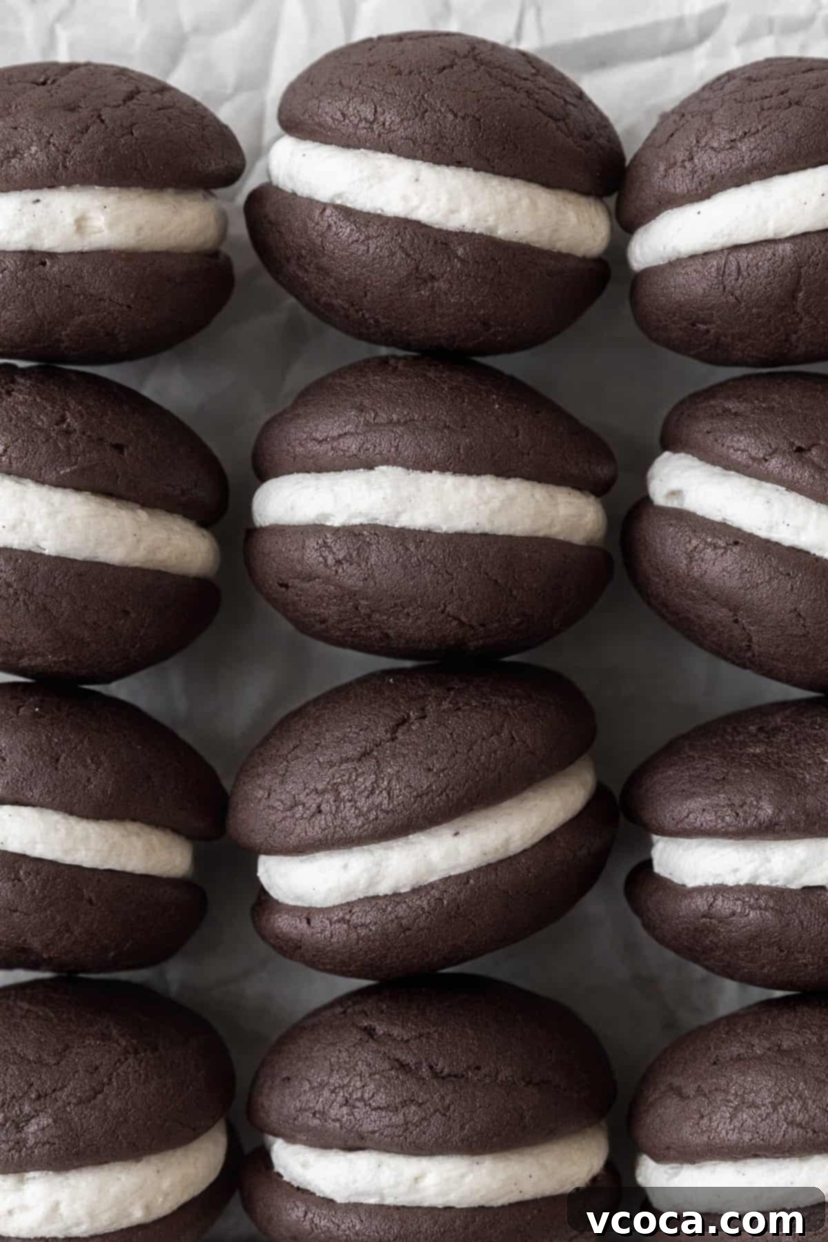 Gluten-Free Whoopie Pies 11 Gluten-free whoopie pies on a white parchment paper.