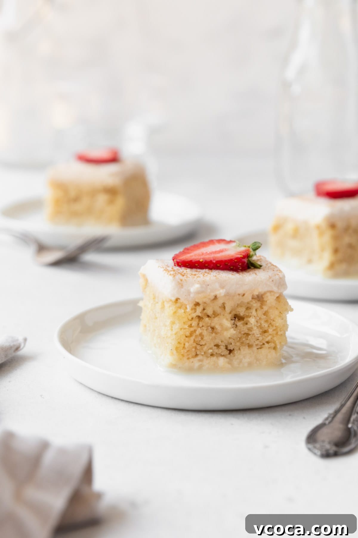 A beautiful closeup side shot of a single slice of gluten-free and dairy-free tres leches cake, elegantly presented on a white dessert plate. The image highlights the cake's incredibly moist texture, the rich milk soak, and the delicate whipped cream topping, inviting a delectable experience.