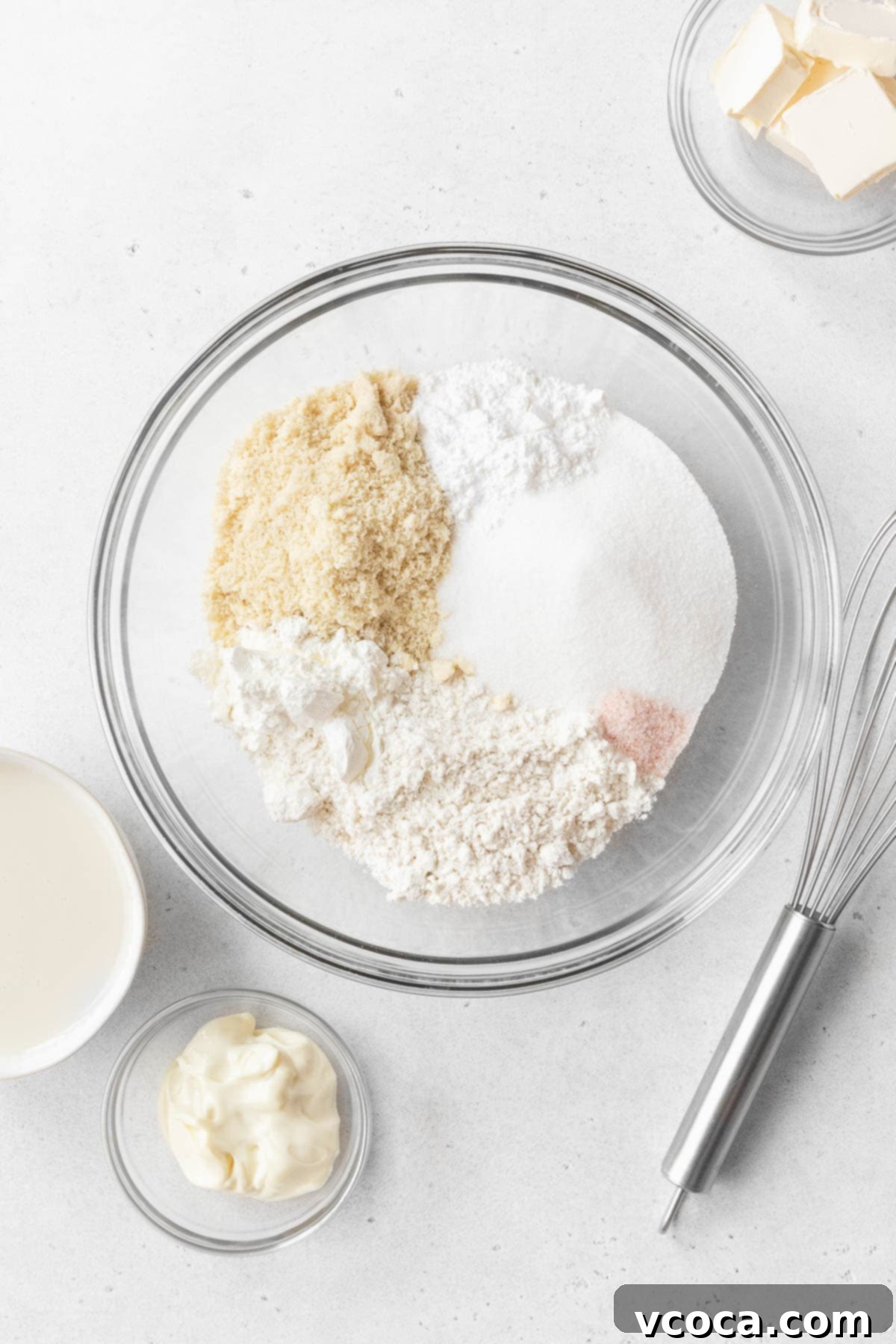 A beautiful array of dry ingredients for gluten-free and dairy-free tres leches cake neatly arranged in a clear glass mixing bowl, accompanied by a whisk. Other essential cake ingredients are thoughtfully placed alongside the bowl, ready for preparation.