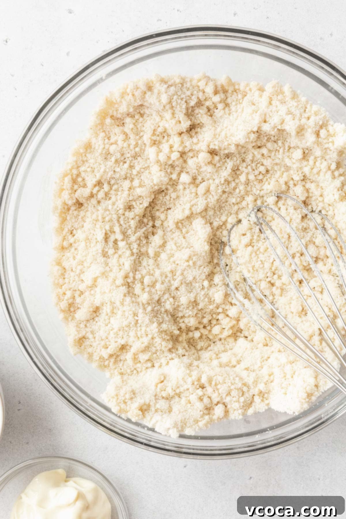 The perfectly mixed dry ingredients for gluten-free and dairy-free tres leches cake, creating a uniform, sandy texture in a clear glass mixing bowl, ready for the next step of the recipe.