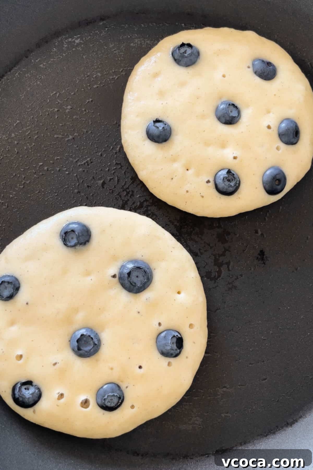 Process shot of 6-8 fresh blueberries added to each pancake on the griddle.