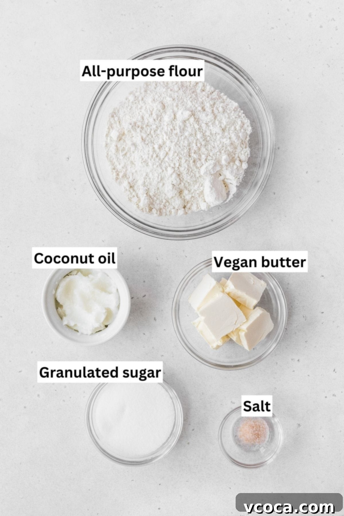Bright and Zesty Dairy Free Lemon Bars 3 All of the ingredients for the dairy free short bread crust on the counter, including flour, sugar, salt, and vegan butter.