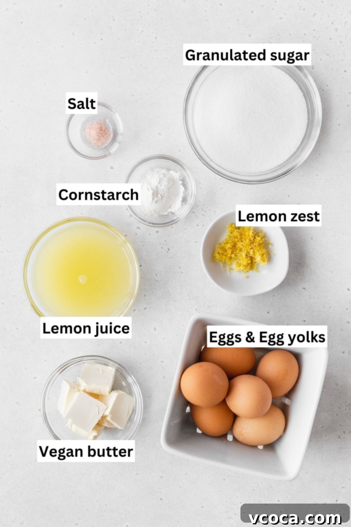 Bright and Zesty Dairy Free Lemon Bars 4 All of the ingredients for the dairy free lemon curd on the counter, including lemons, eggs, and sugar.