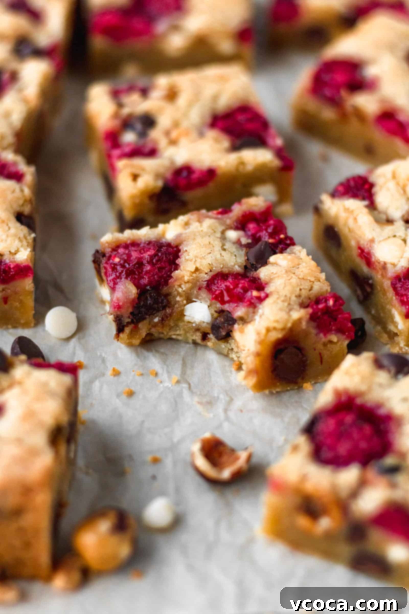 Raspberry blondies with hazelnuts and chocolate chips