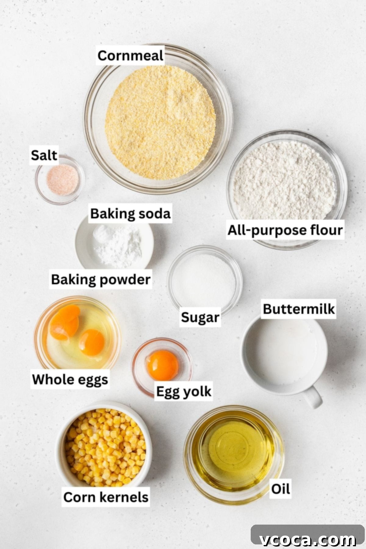 All of the ingredients for the cornbread croutons on a counter.