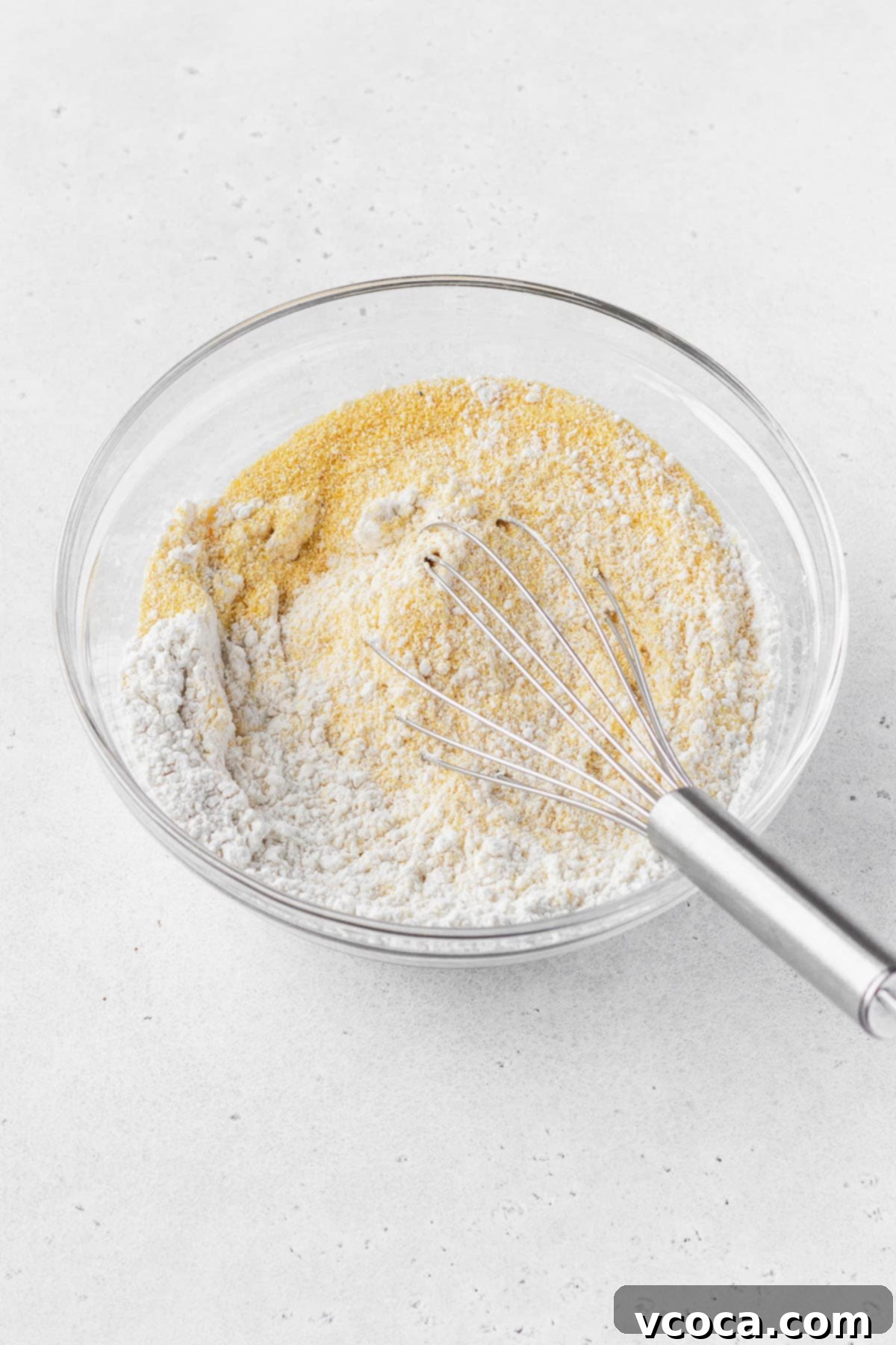 Whisking the dry cornbread ingredients together in a glass mixing bowl.