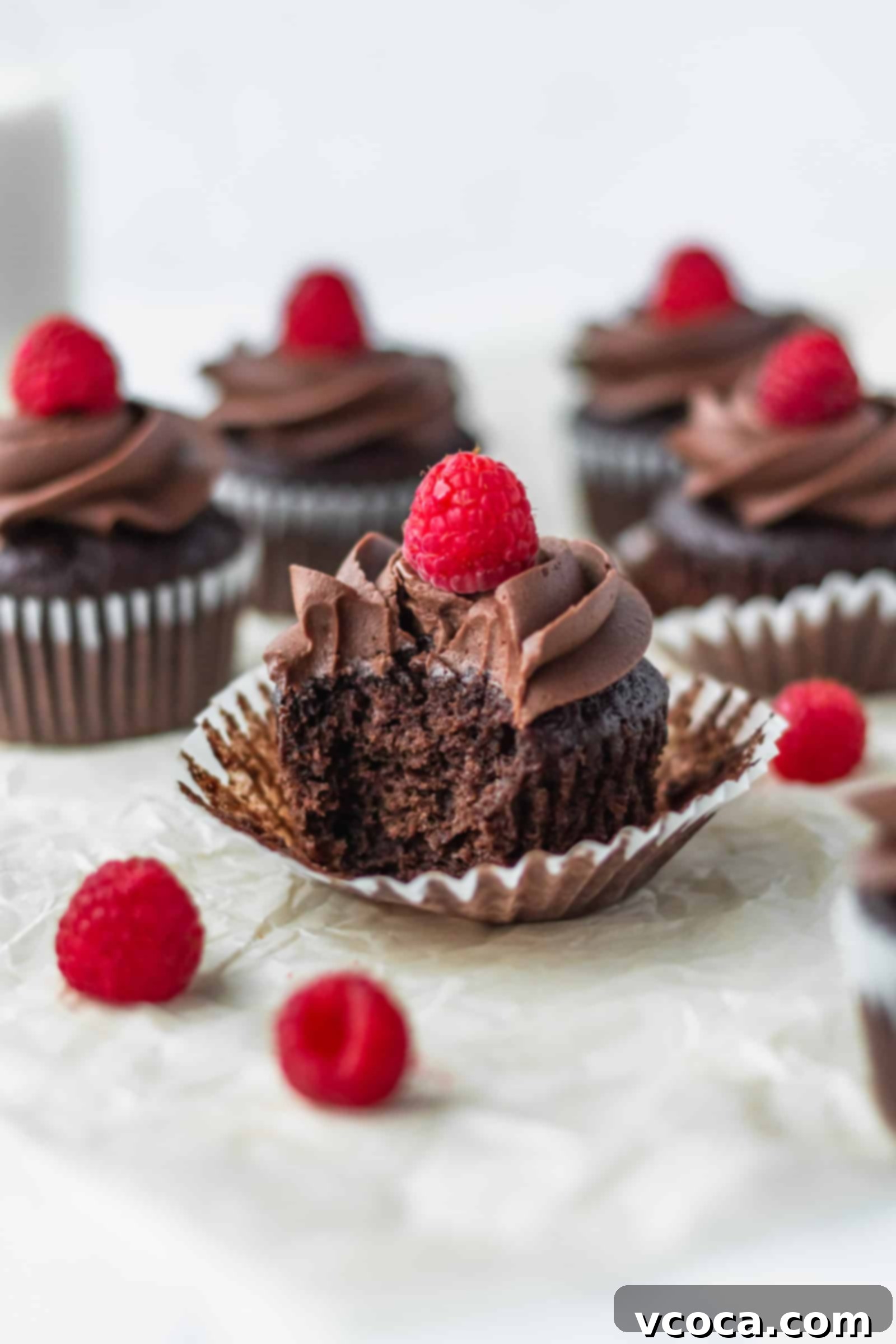 Decadent Vegan Chocolate Banana Cupcakes 6 Close-up of a perfectly frosted vegan chocolate banana cupcake, ready to be devoured.