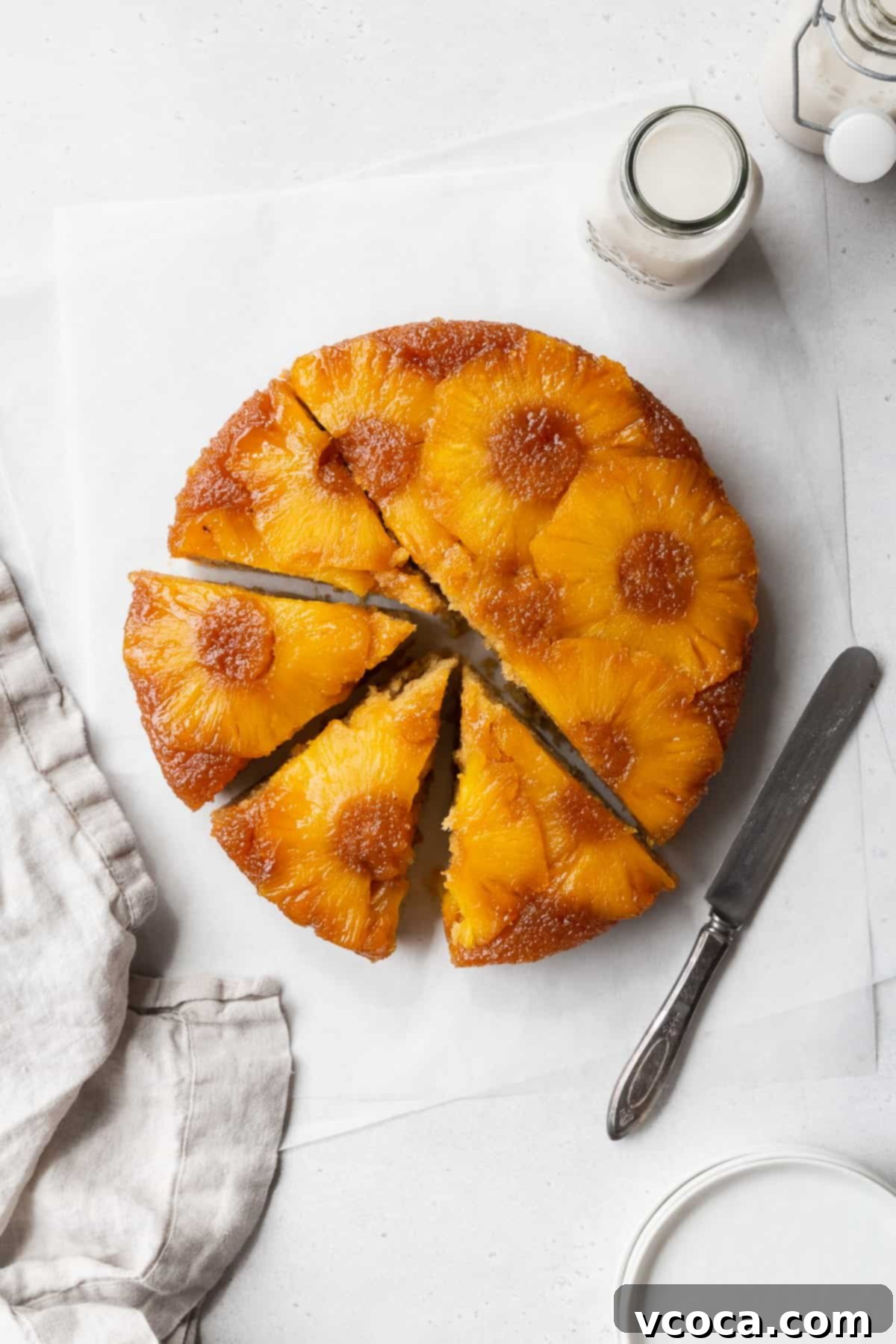 Flourless Pineapple Upside Down Delight 2 A sliced gluten-free pineapple cake on the counter with a napkin and bottle of milk.