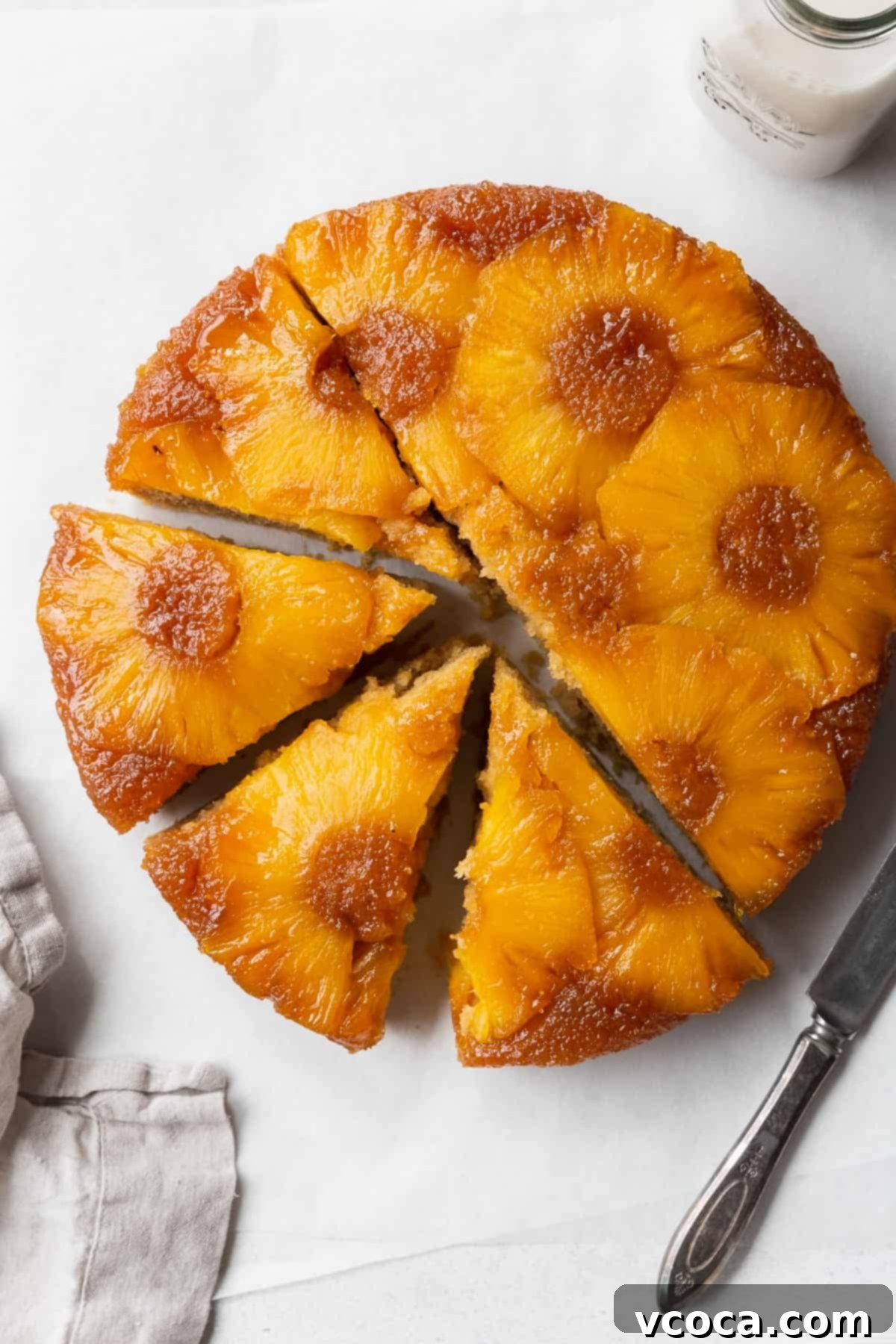 Flourless Pineapple Upside Down Delight 13 Sliced gluten-free pineapple upside down cake on the counter with a napkin and knife.