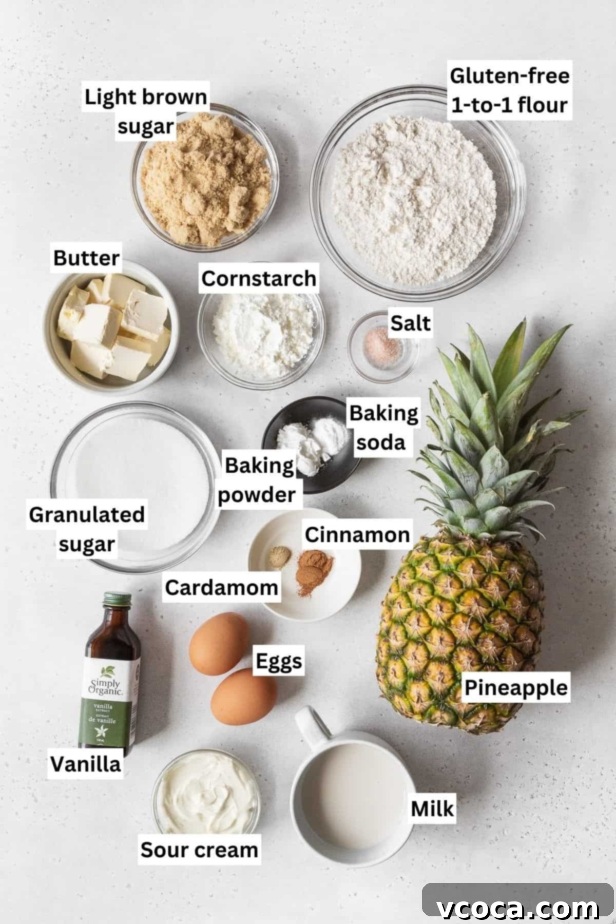 Flourless Pineapple Upside Down Delight 3 All of the ingredients for gluten-free upside down pineapple cake on the counter.