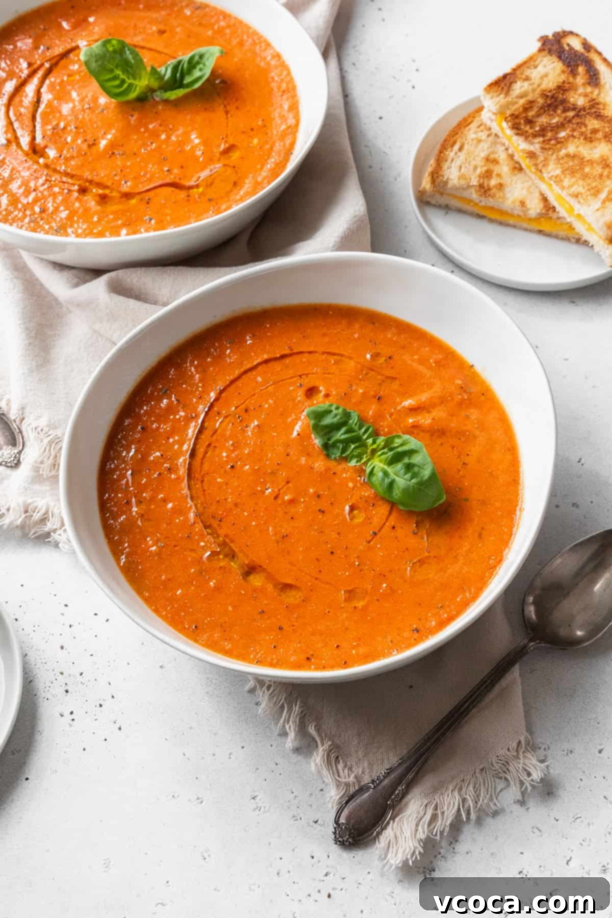 Heartwarming Roasted Tomato Soup 2 A beautiful bowl of vegan roasted tomato soup garnished with a fresh basil sprig, with a second bowl and grilled cheese sandwiches blurred in the background.