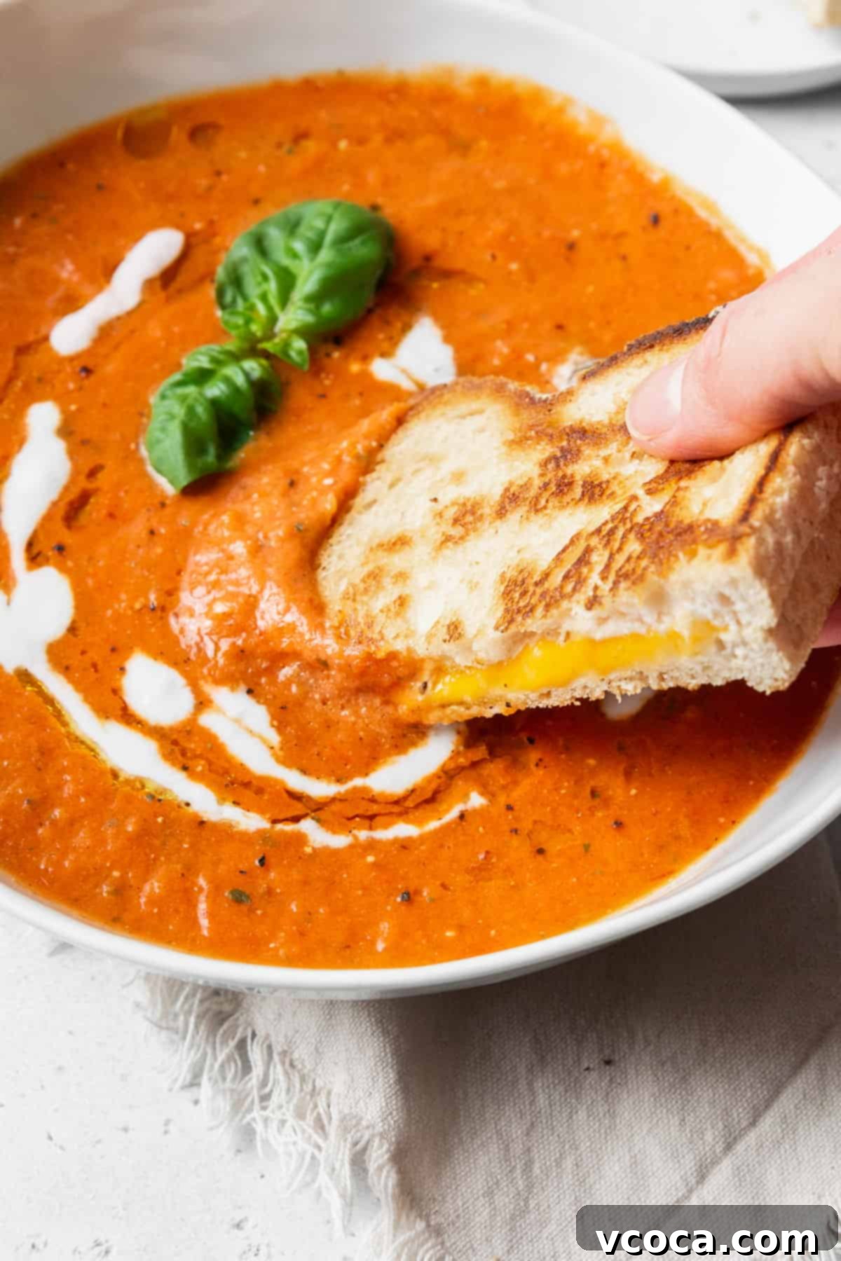 Heartwarming Roasted Tomato Soup 12 A crispy grilled cheese sandwich being slowly dipped into a rich, creamy bowl of roasted tomato basil soup, showcasing the perfect comfort food pairing.