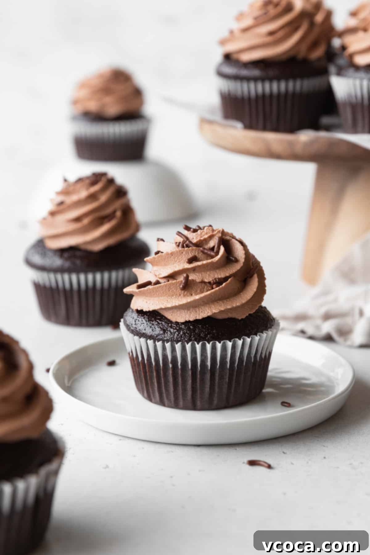Velvety Chocolate Cupcakes 2 A chocolate cupcake with chocolate frosting on a white plate, with more cupcakes scattered in the background.