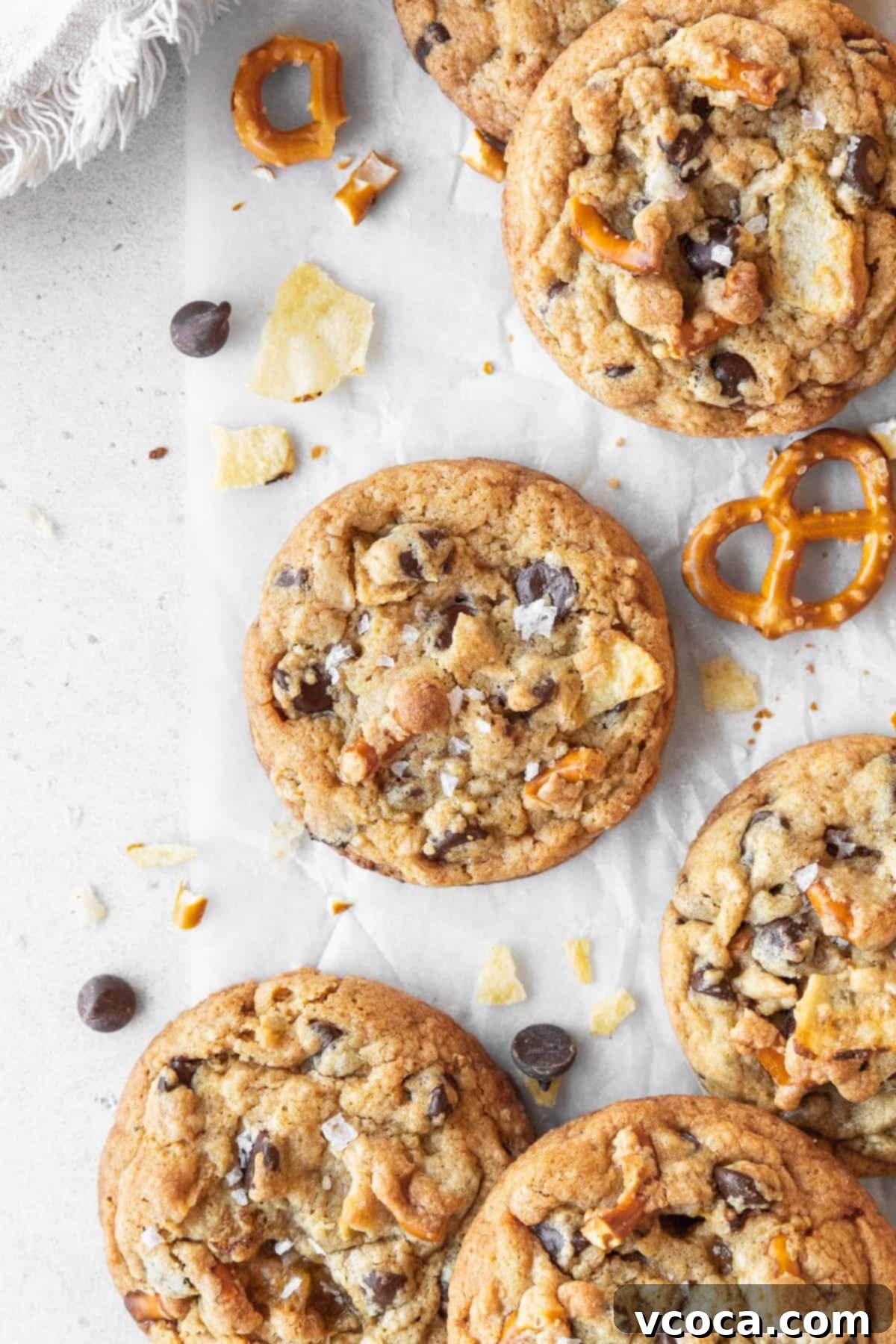 Pantry Raid Cookies 2 Kitchen sink cookies scattered on a white surface surrounded by chocolate chips, crushed potato chips, and pretzels.