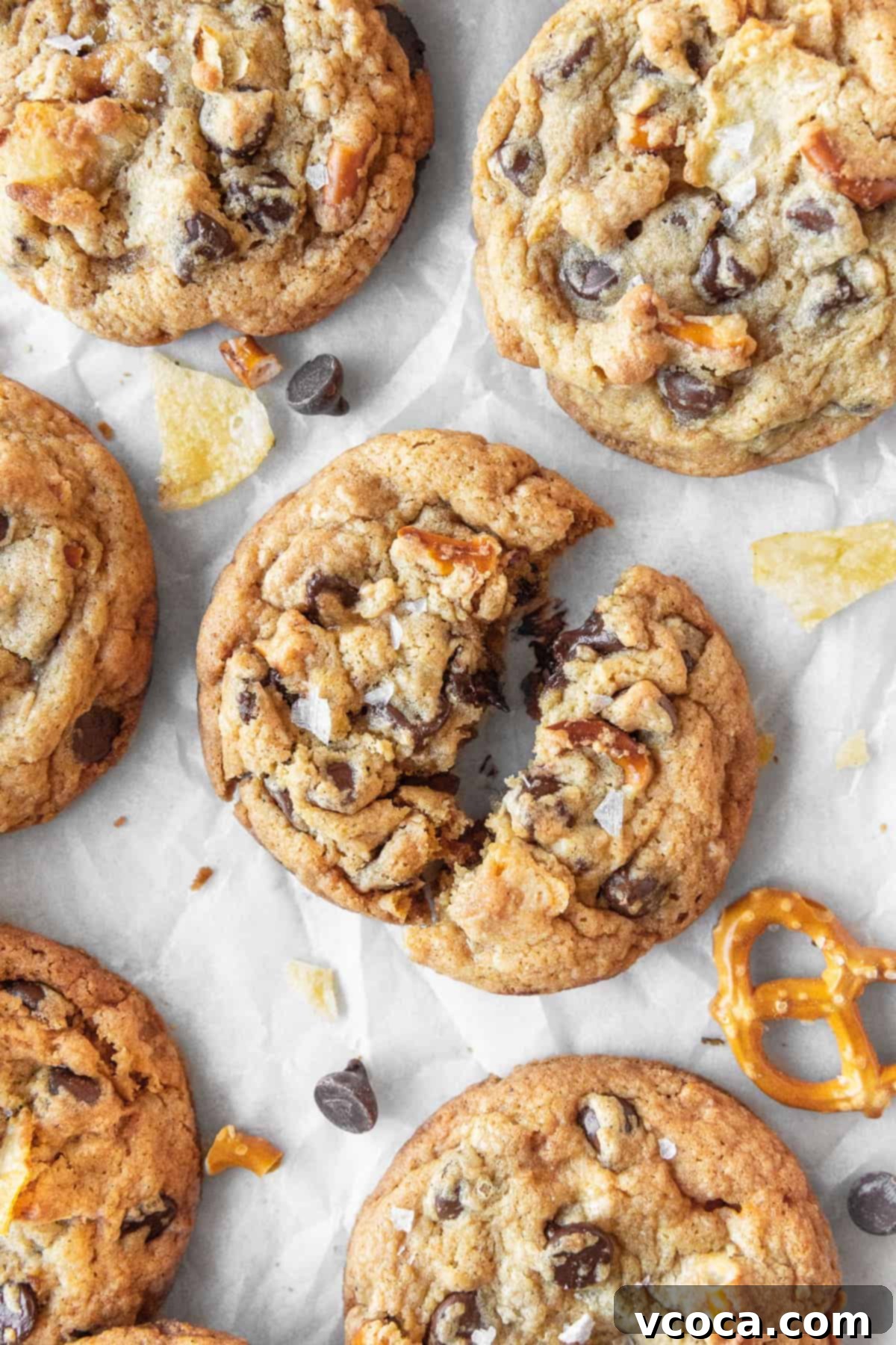Pantry Raid Cookies 12 A everything but the kitchen sink cookie broken in half with more cookies scattered around.