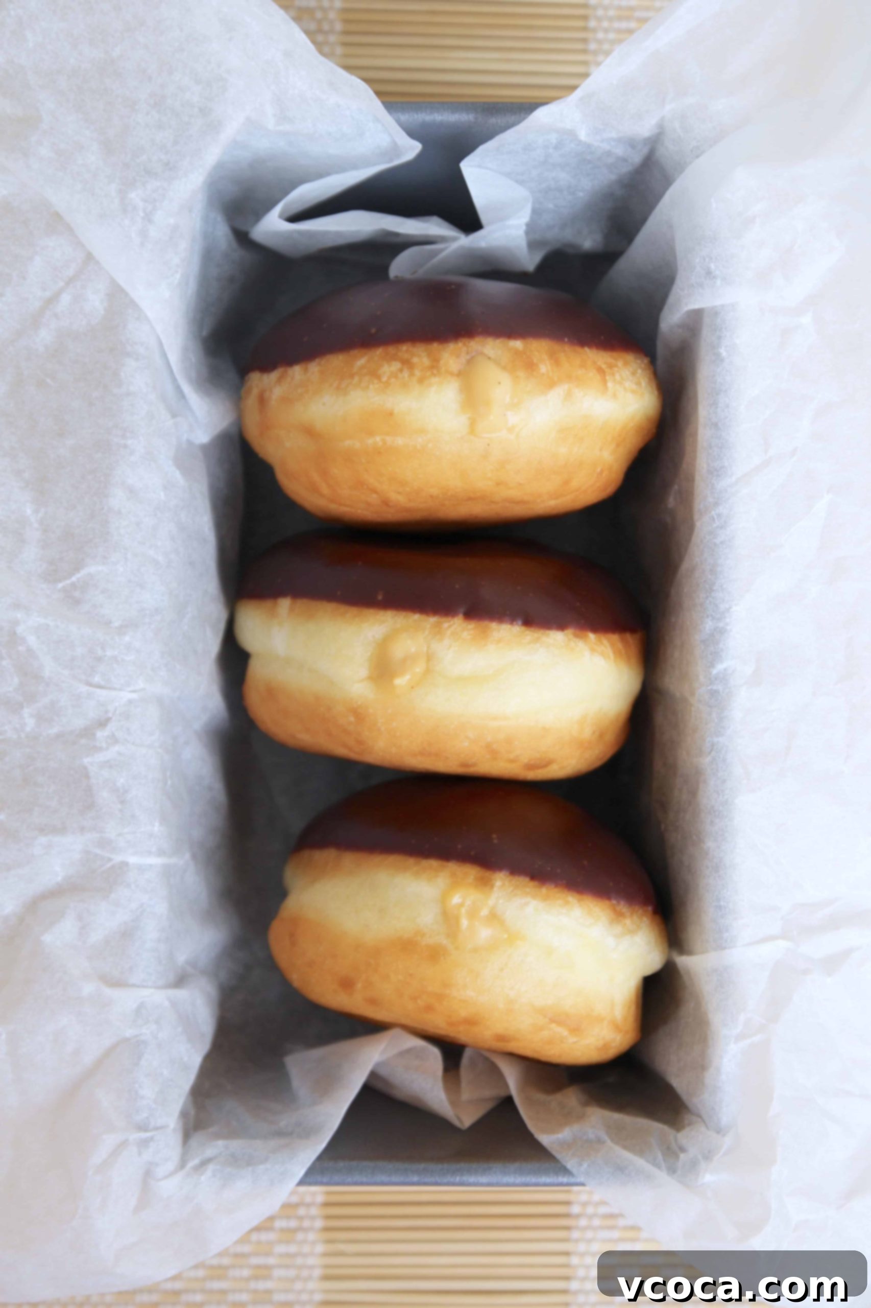 Irish Cream Boston Doughnut Bliss 2 Three Boston cream donuts in a loaf pan
