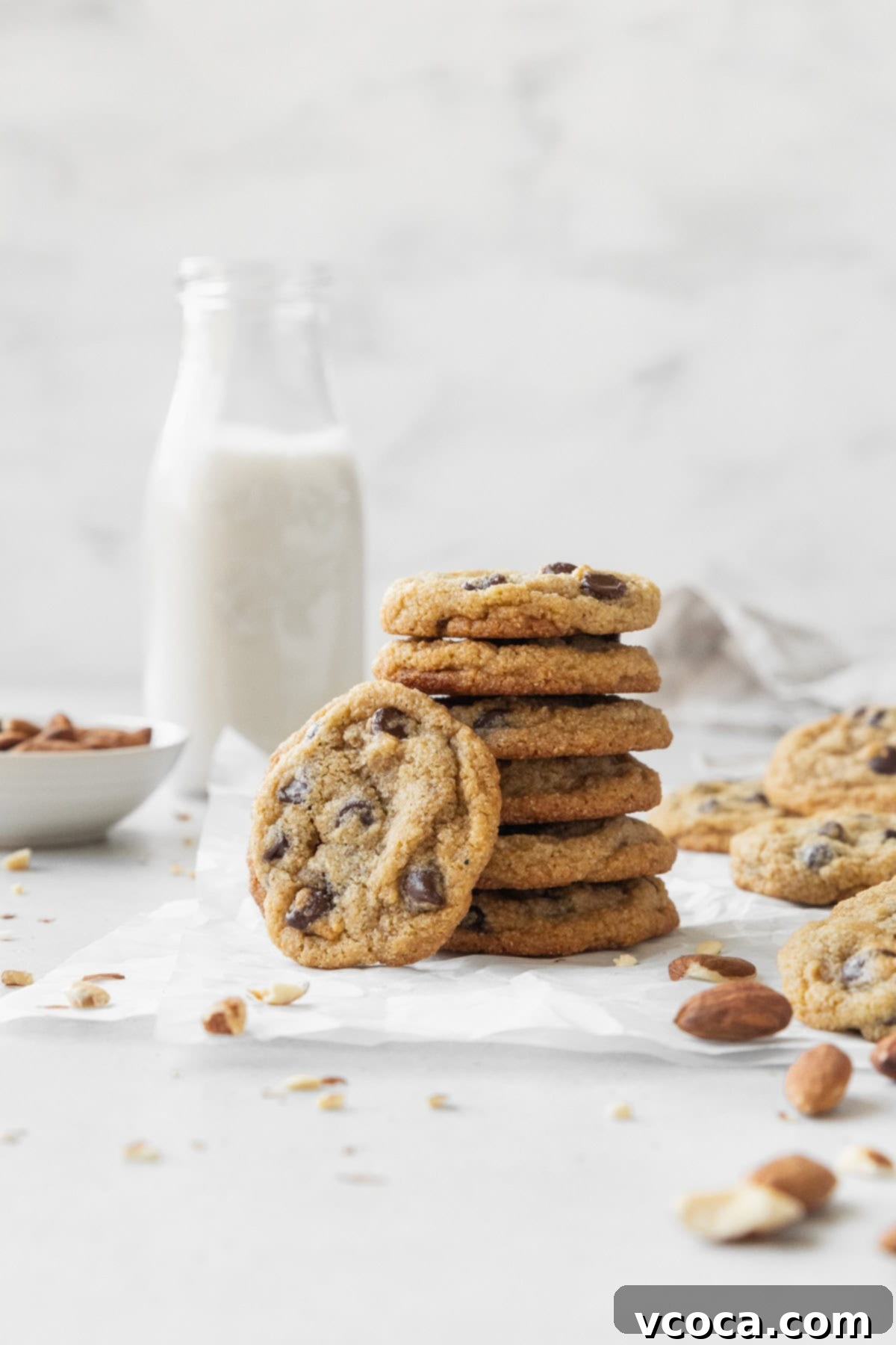 Irresistible Almond Flour Chocolate Chip Cookies 10 A perfectly stacked pile of freshly baked almond flour chocolate chip cookies on parchment paper, with a rustic bottle of milk softly blurred in the background, creating an inviting scene.