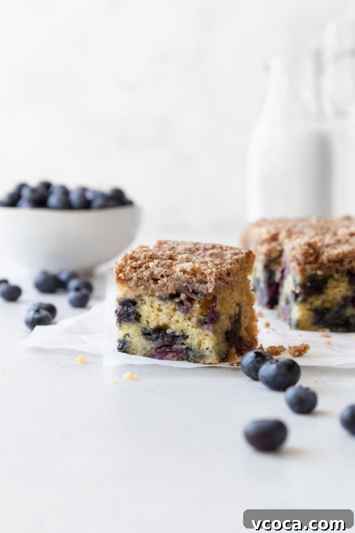 Blueberry Coffee Cake 2 A square of delicious blueberry coffee cake on a white surface with fresh blueberries scattered around, showcasing its moist texture and golden crumb topping.