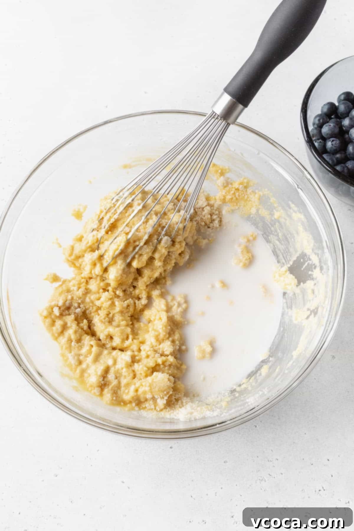 Blueberry Coffee Cake 11 A whisk mixing blueberry coffee cake batter, showing its creamy and smooth consistency.