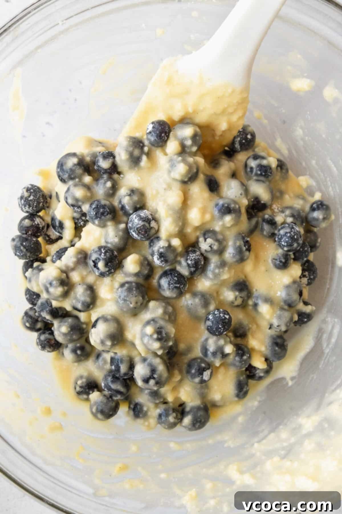 Blueberry Coffee Cake 13 Blueberries being gently folded into cake batter with a white spatula for the blueberry coffee cake.