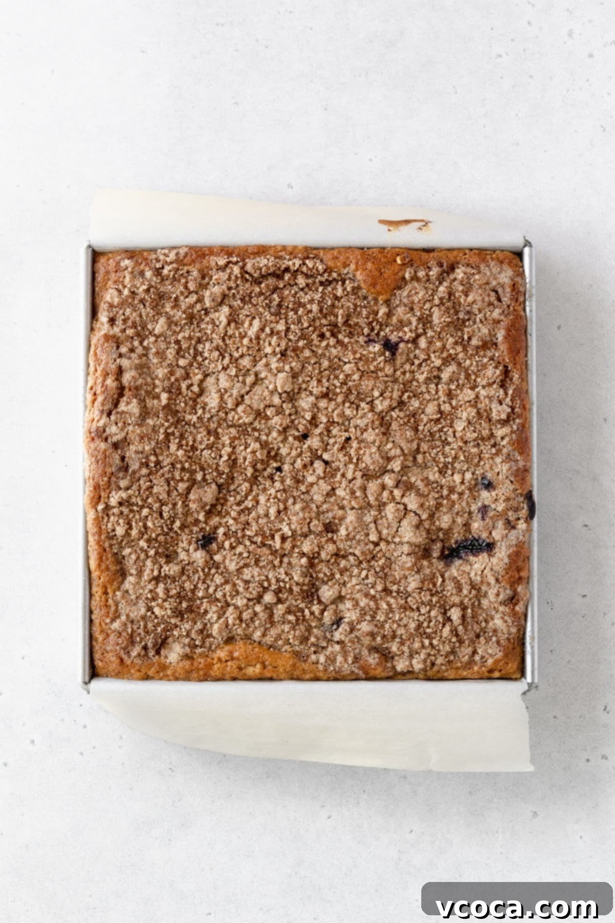 Blueberry Coffee Cake 16 Freshly baked blueberry sour cream coffee cake in a square pan, golden brown and perfectly risen.