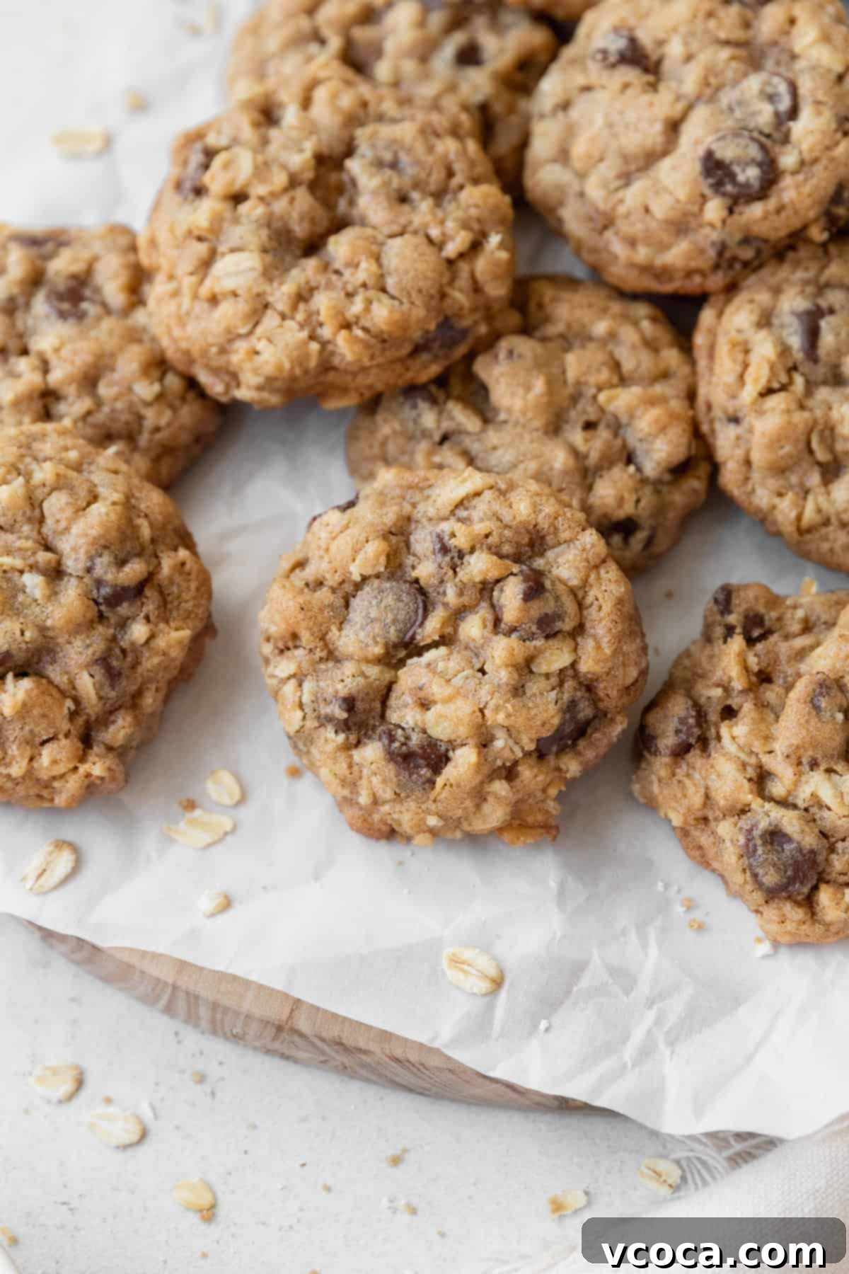 Delicious Gluten-Free Oatmeal Cookies 11 A close-up of several gluten-free oatmeal cookies generously studded with chocolate chips, neatly arranged on a sheet of parchment paper, highlighting their perfect texture.
