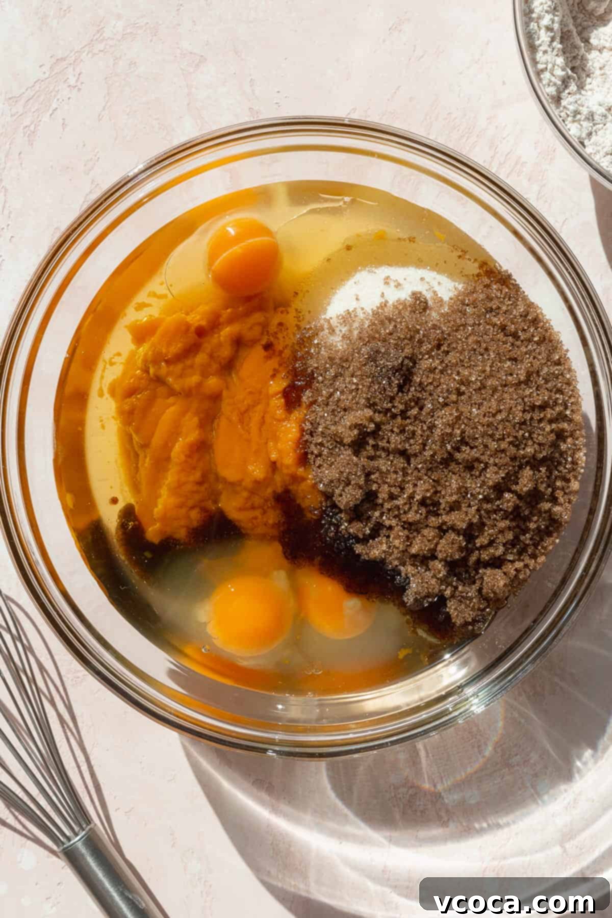 Spiced Pumpkin Squares 6 Wet ingredients for pumpkin bars (pumpkin purée, eggs, oil, granulated and brown sugar, vanilla extract) in a large glass bowl.
