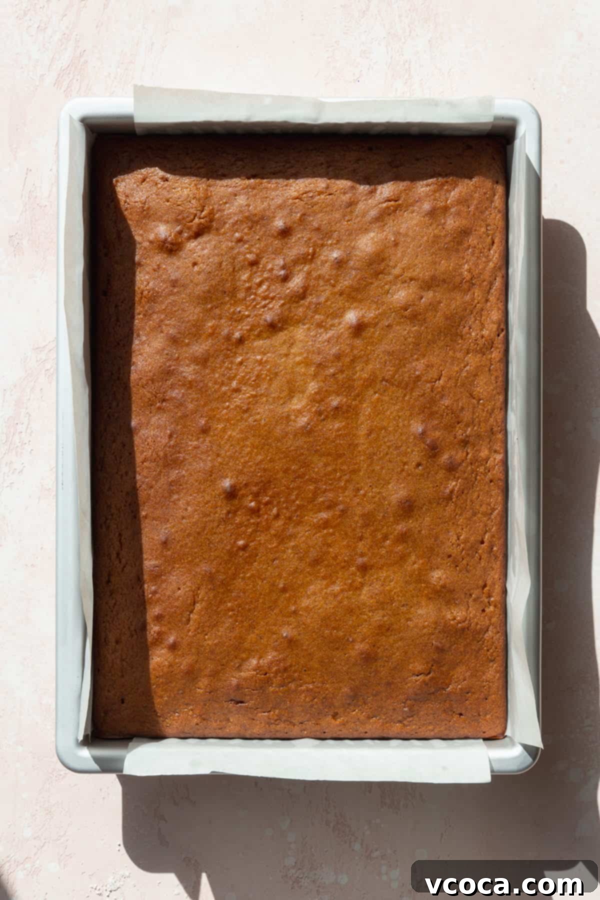 Spiced Pumpkin Squares 10 Freshly baked pumpkin bars in a baking pan, golden brown and ready to cool before frosting.
