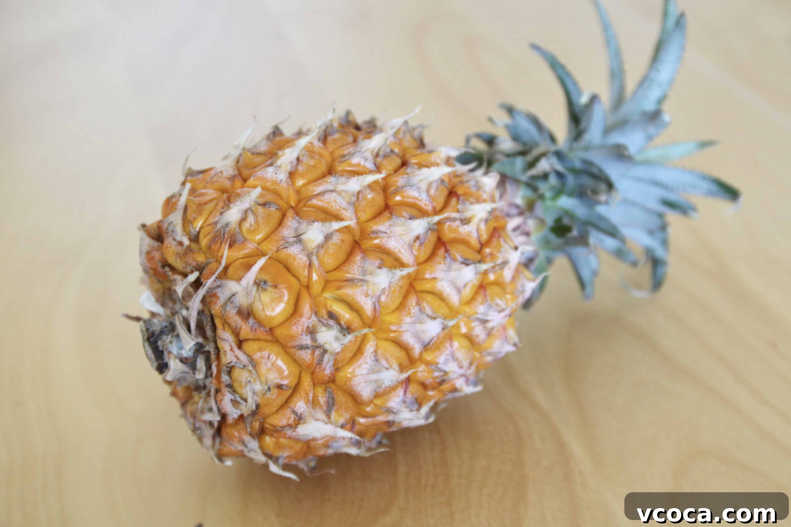 Tropical Piña Colada Swirls 3 A fresh, ripe pineapple resting on its side, ready to be prepared for the sweet roll filling