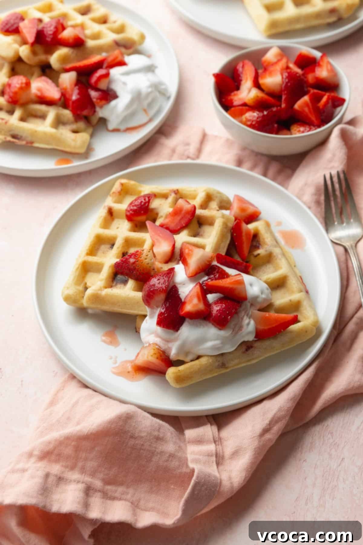 Fresh Strawberry Waffles 2 Strawberry waffles on a white plate with a dollop of whipped cream and sliced strawberries, with another plate of waffles and a small bowl of strawberries in the background.