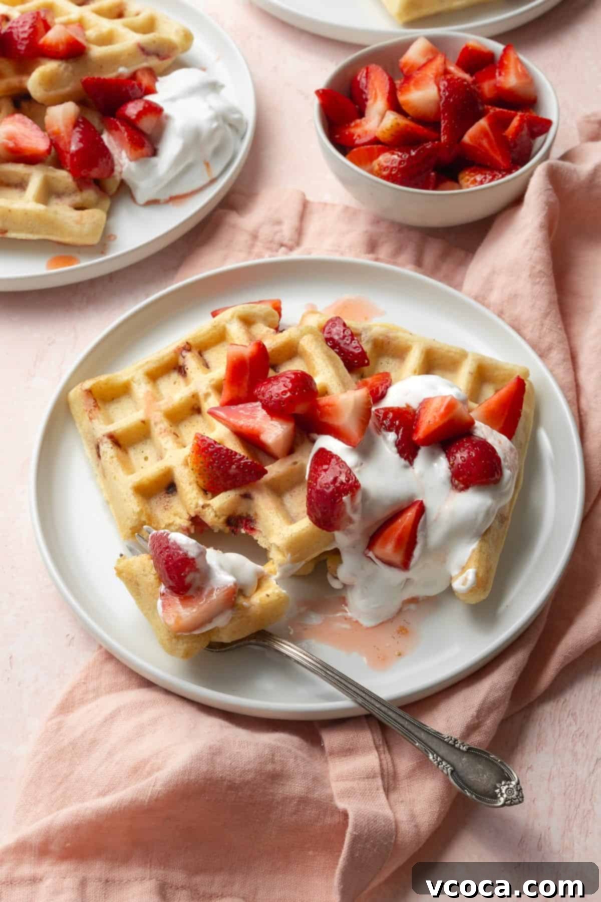 Fresh Strawberry Waffles 11 A white plate with strawberry waffles, with a silver fork resting on the plate with a bite of waffle on it.